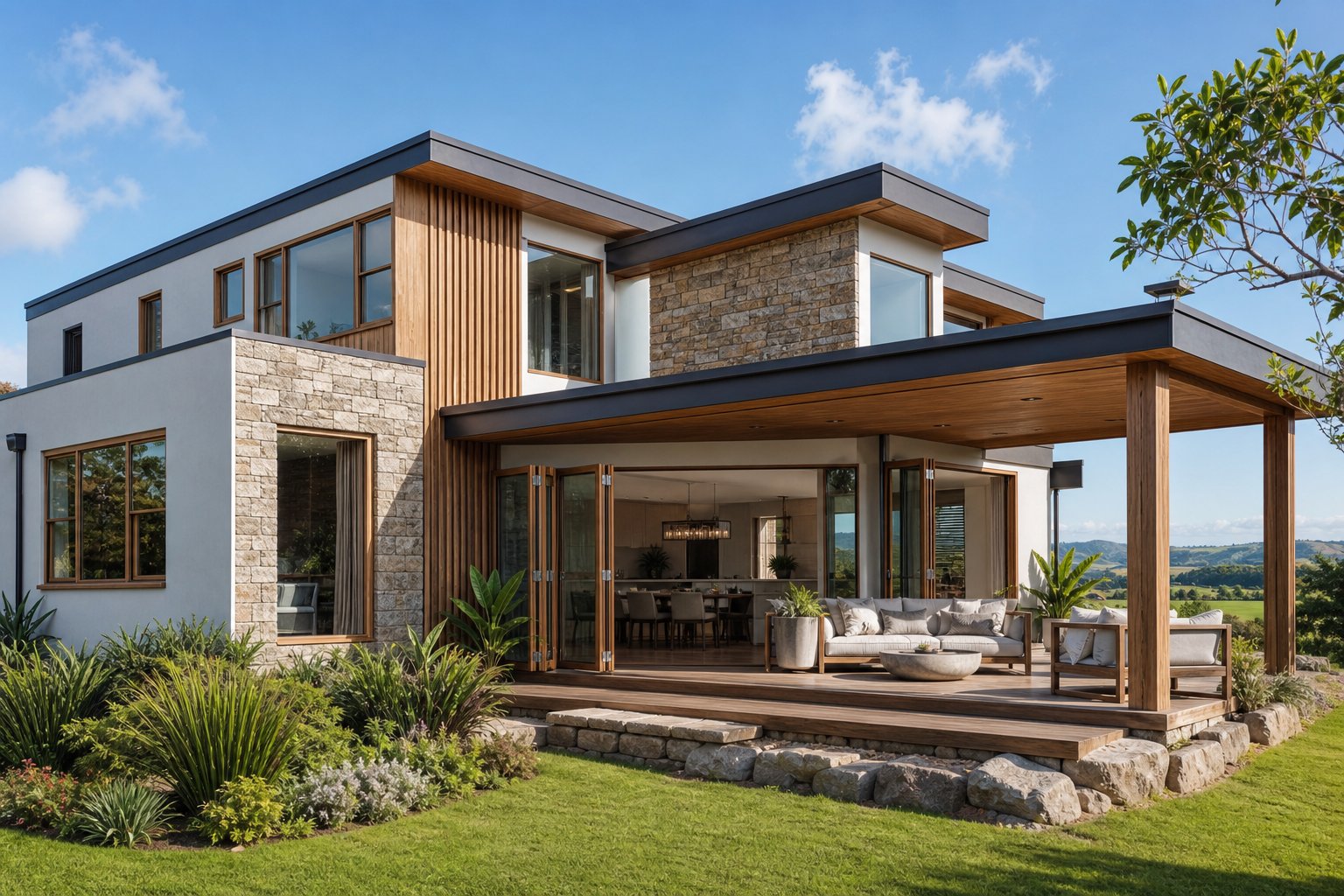 woodgrain aluminium window finish replicating natural oak on a modern rural australian home with bi fold doors