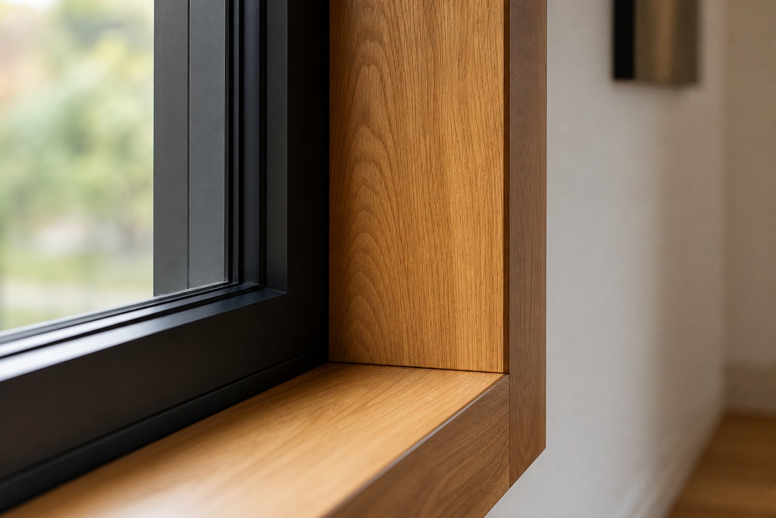 a clear coated timber reveal against a black aluminium frame creates a refined contrast between natural warmth and modern precision