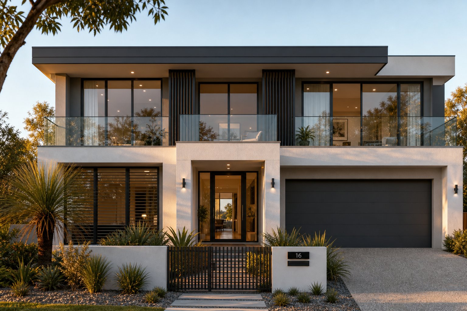 a complete aluminium product ecosystem with coordinated windows doors louvres and balustrades across one facade