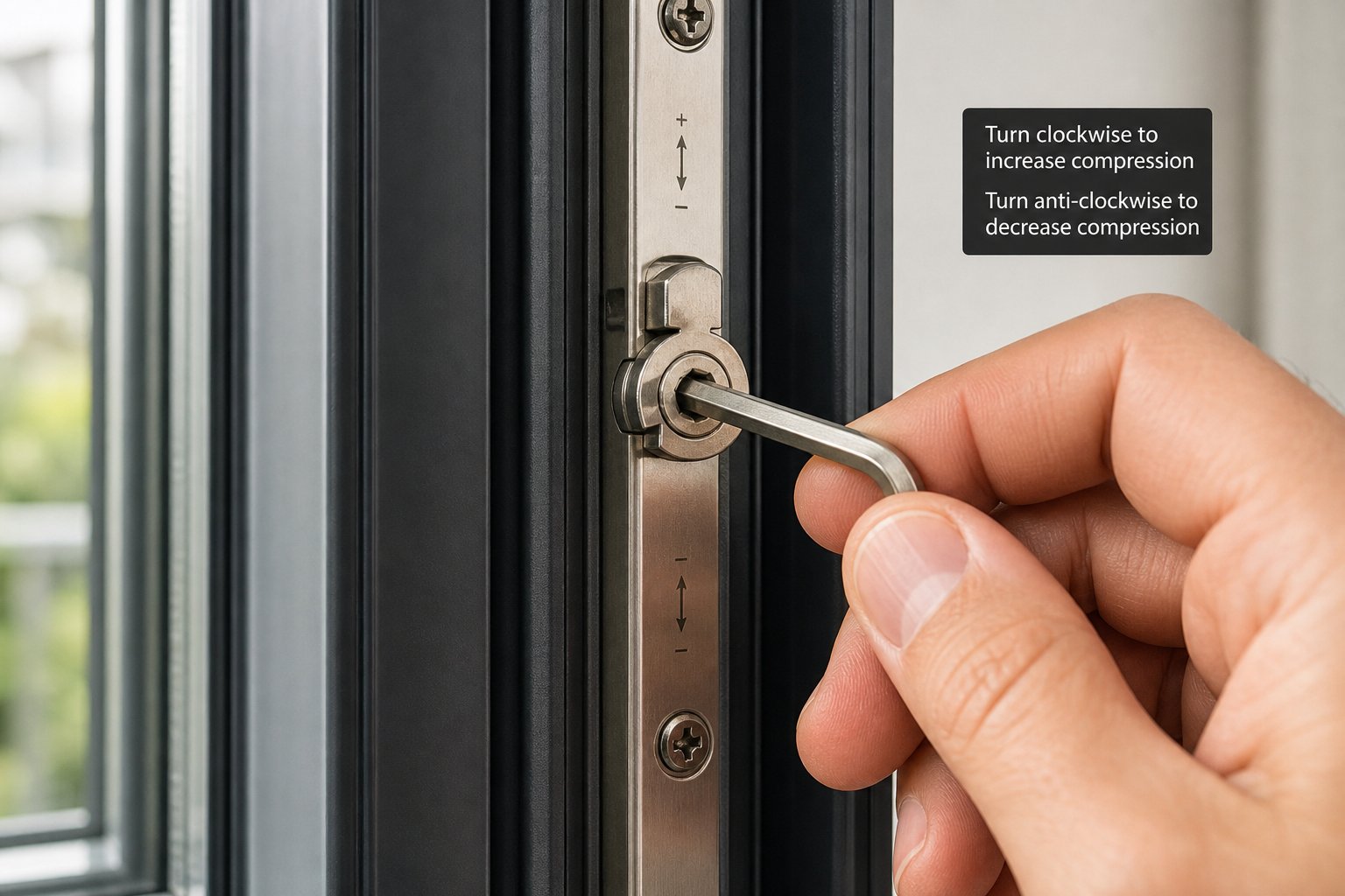 adjusting cam lock hardware on an aluminium window to restore proper seal compression and eliminate draughts