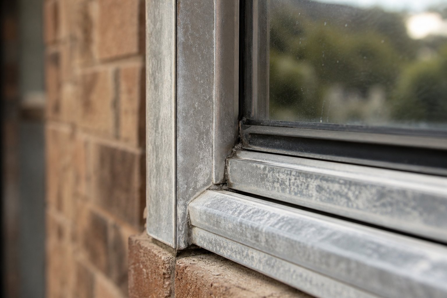 aged aluminium window frame showing surface oxidation %E2%80%94 a common sign that renovation is needed