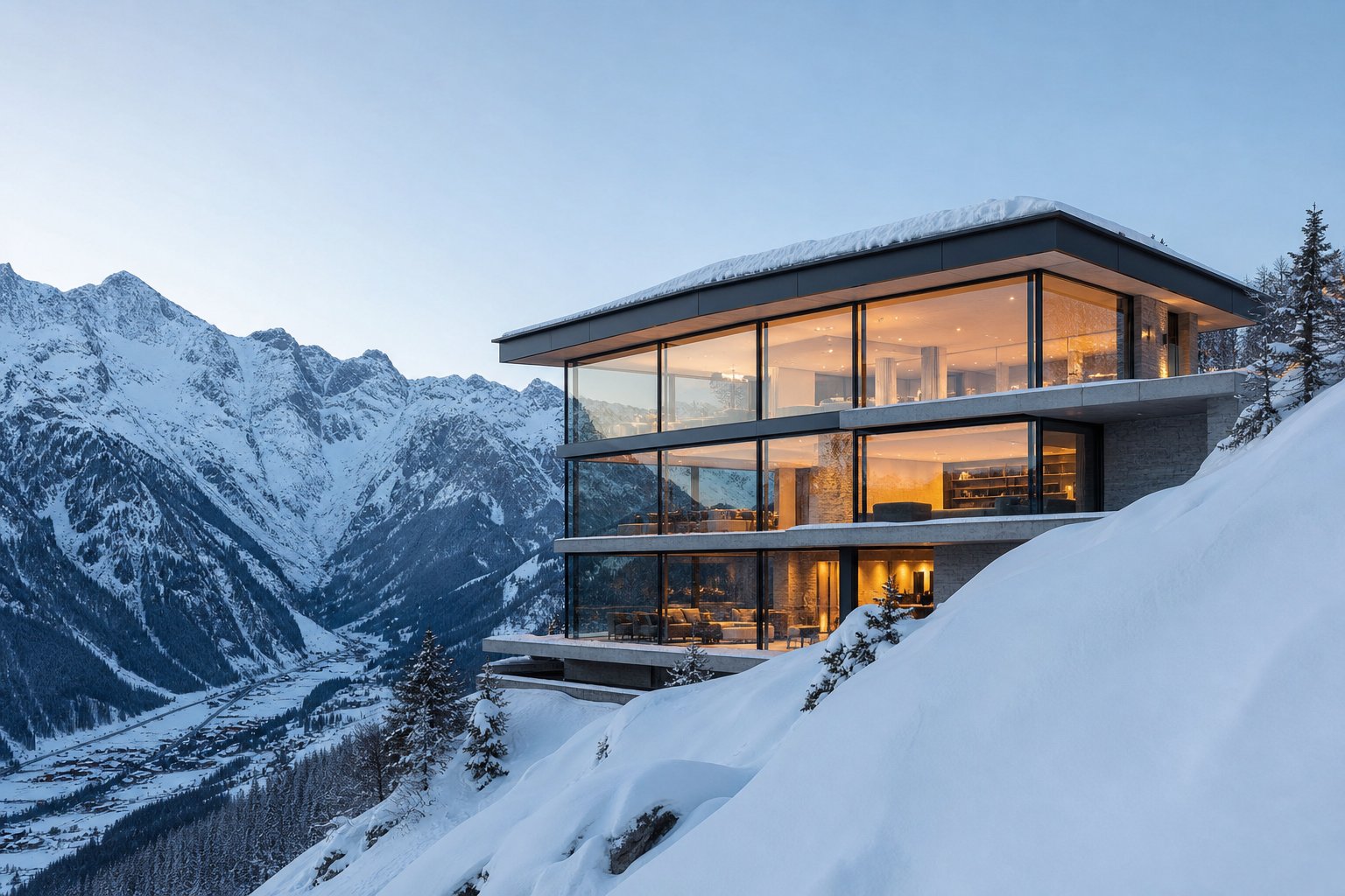 alpine luxury home with thermally broken aluminium windows and triple glazing for cold climate performance