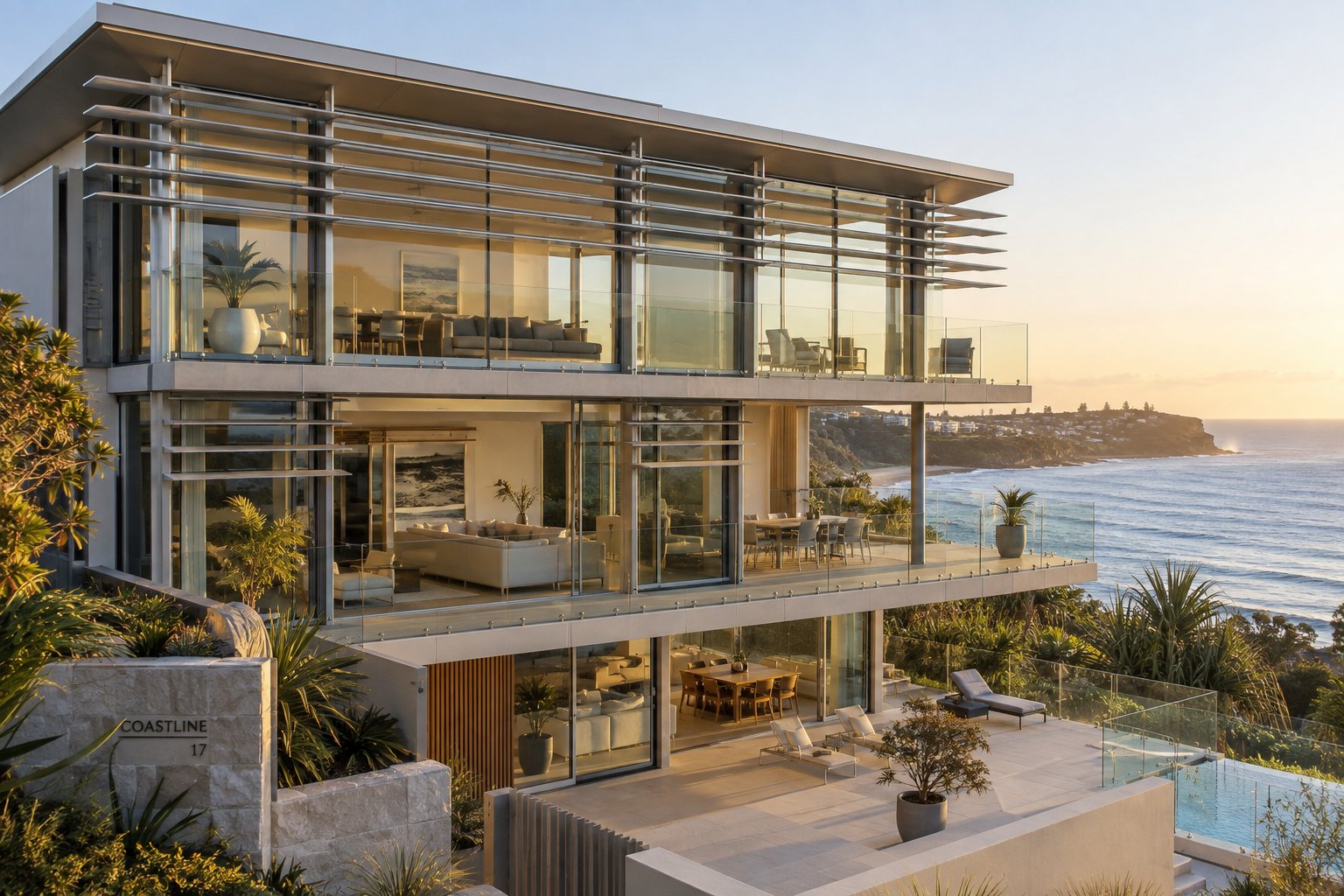 aluminium airfoil sun shades on a coastal australian home designed to withstand salt spray and high wind loads