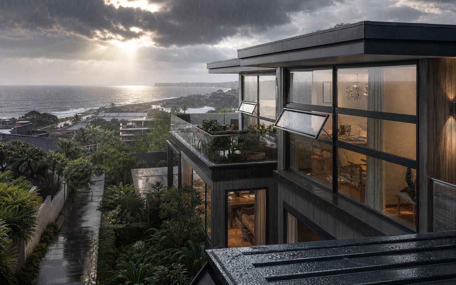 aluminium awning windows remain open during coastal storms providing ventilation while deflecting rain from the interior