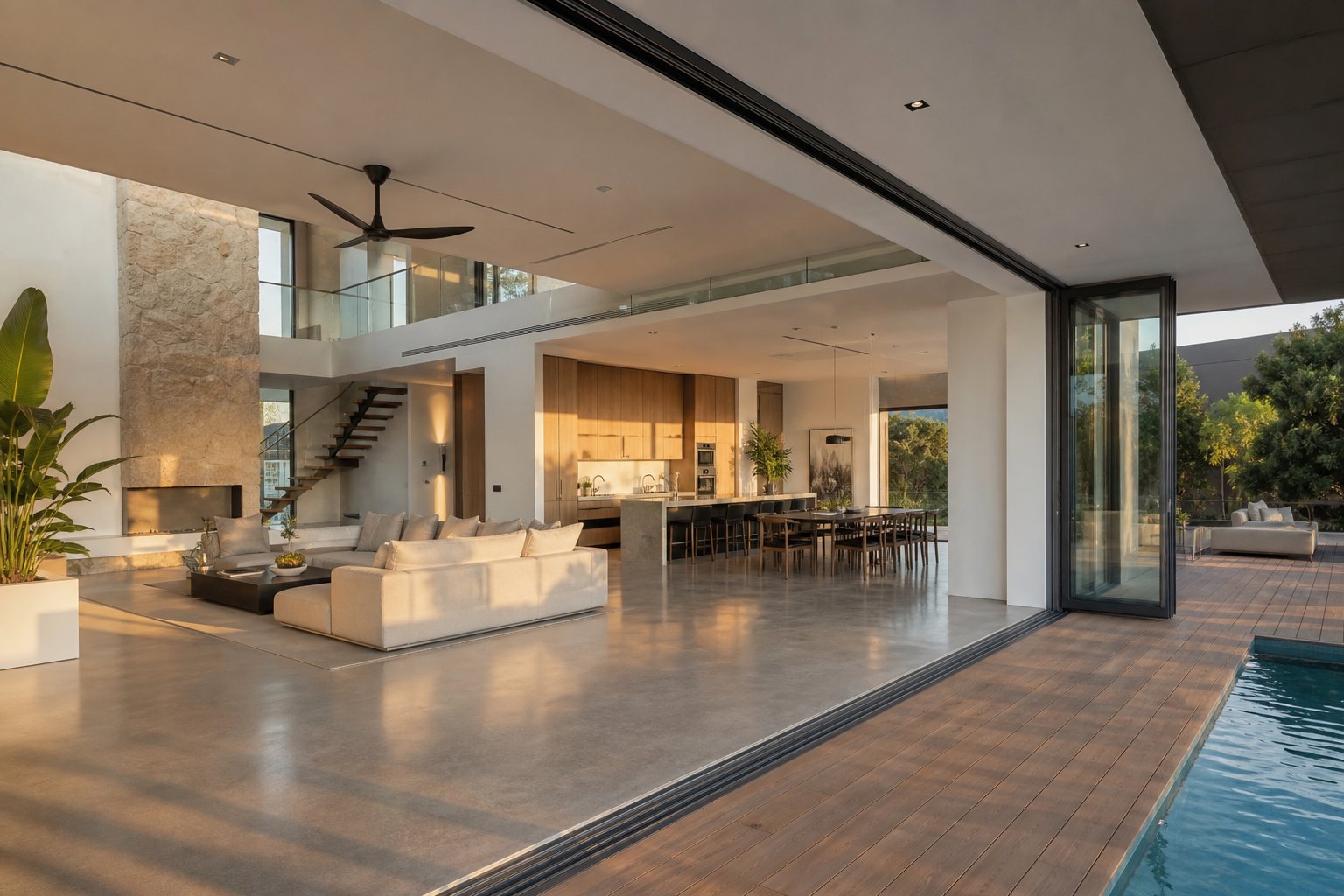 aluminium bi fold doors fully opened to create uninterrupted indoor outdoor living in a modern australian home