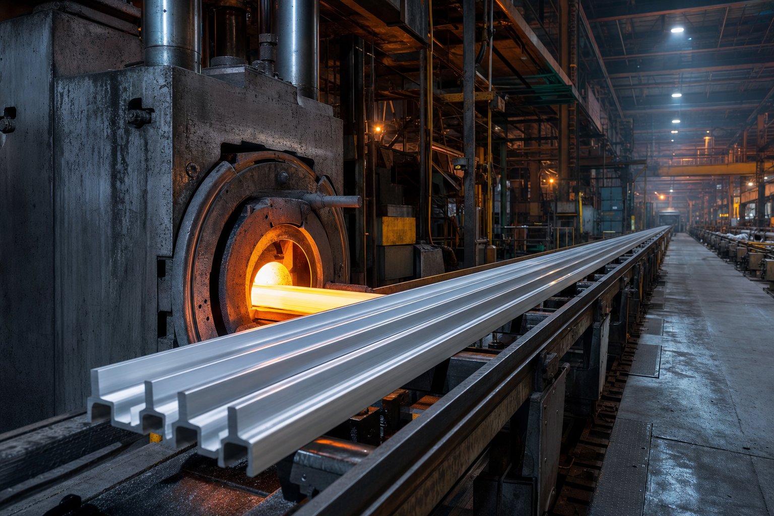aluminium billets are heated and forced through precision steel dies to create complex hollow window profiles