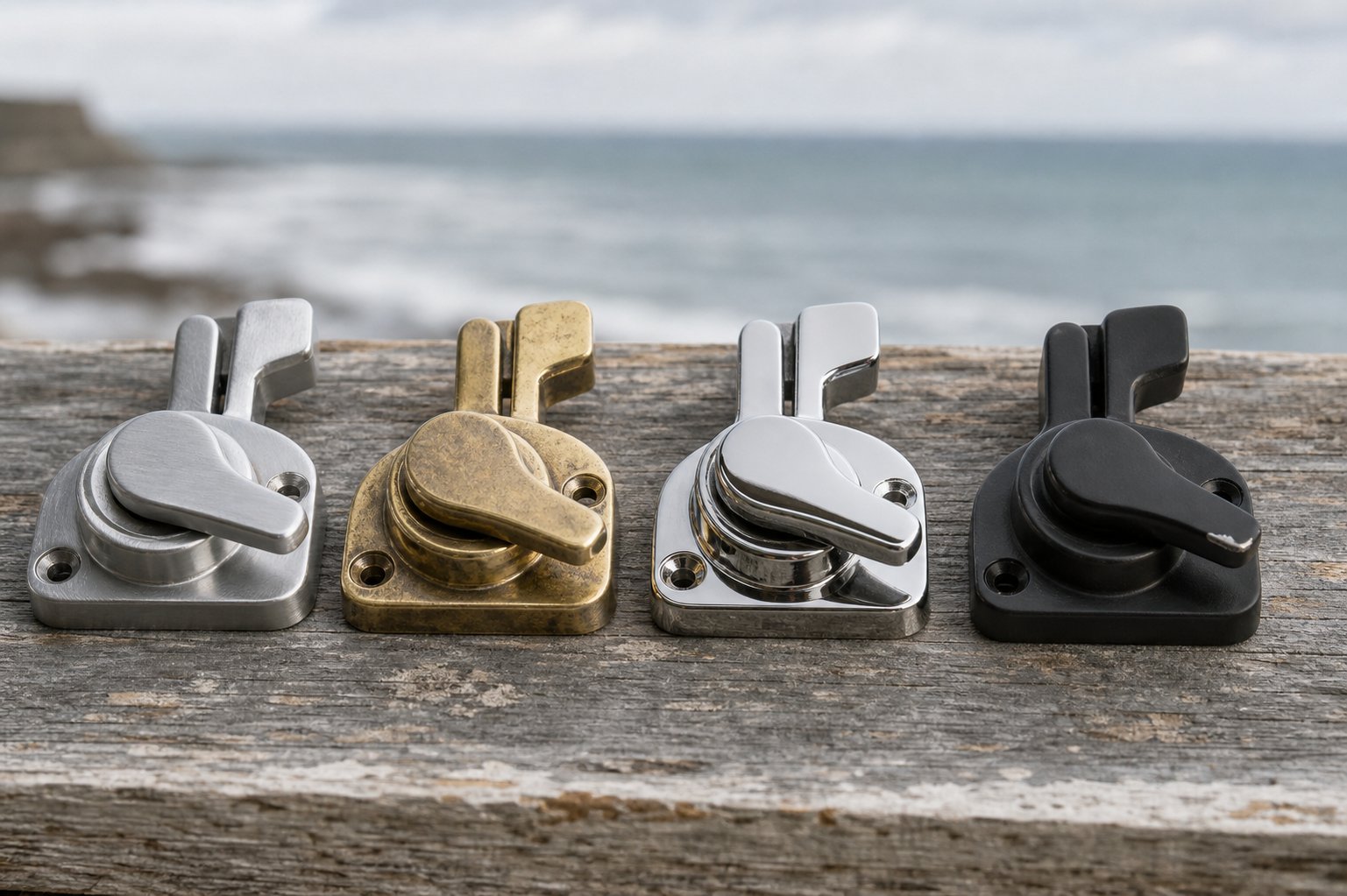 aluminium brass stainless steel and zinc alloy window latches showing material differences relevant to coastal durability
