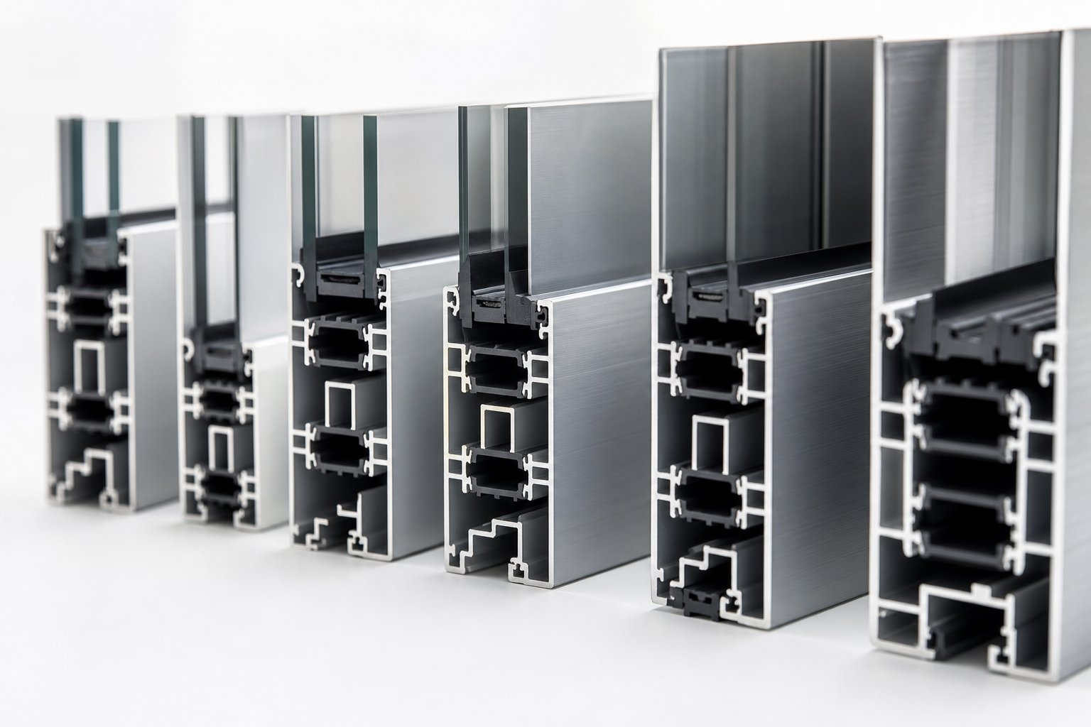 aluminium casement window frame profiles in varying depths showing internal chambers and thermal break zones