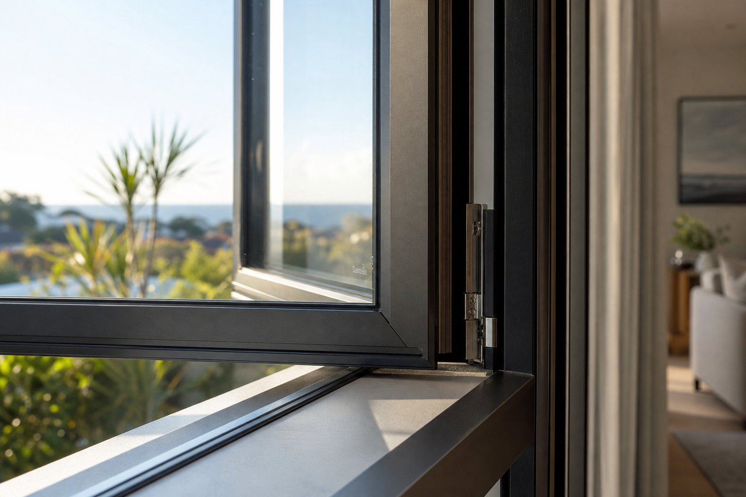 aluminium casement window frame showing the sash to frame junction where compression weather seals are seated