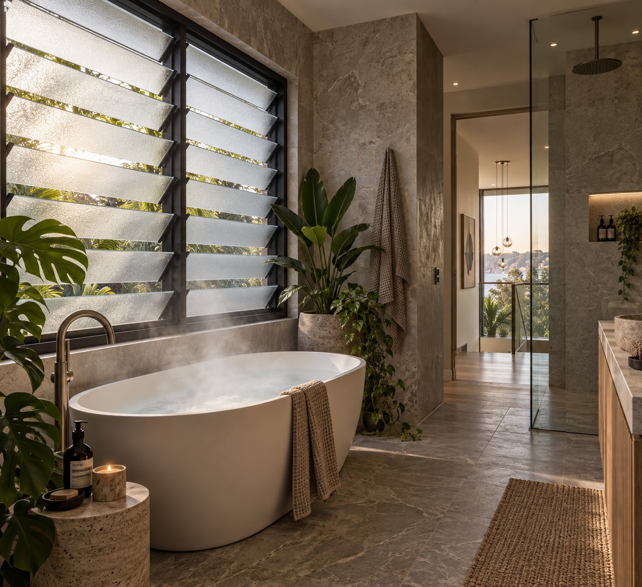 aluminium louvre window in a modern bathroom providing continuous moisture ventilation while maintaining privacy