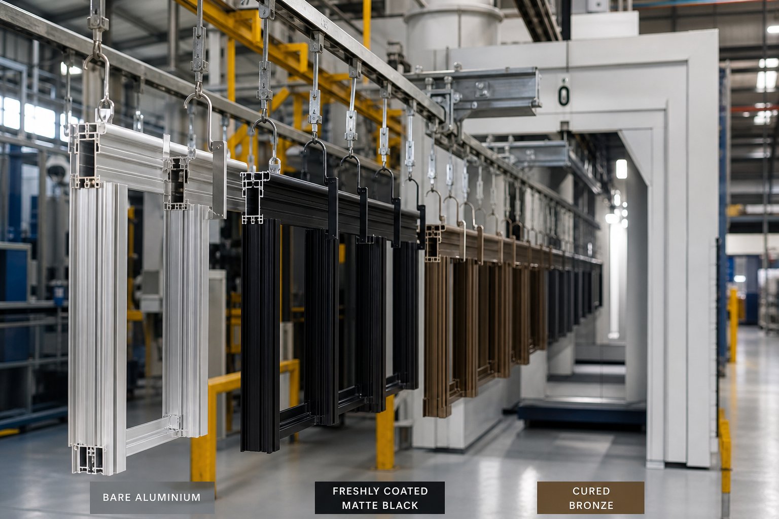 aluminium profiles moving through a powder coating line where electrostatic spray and oven curing create durable surface finishes