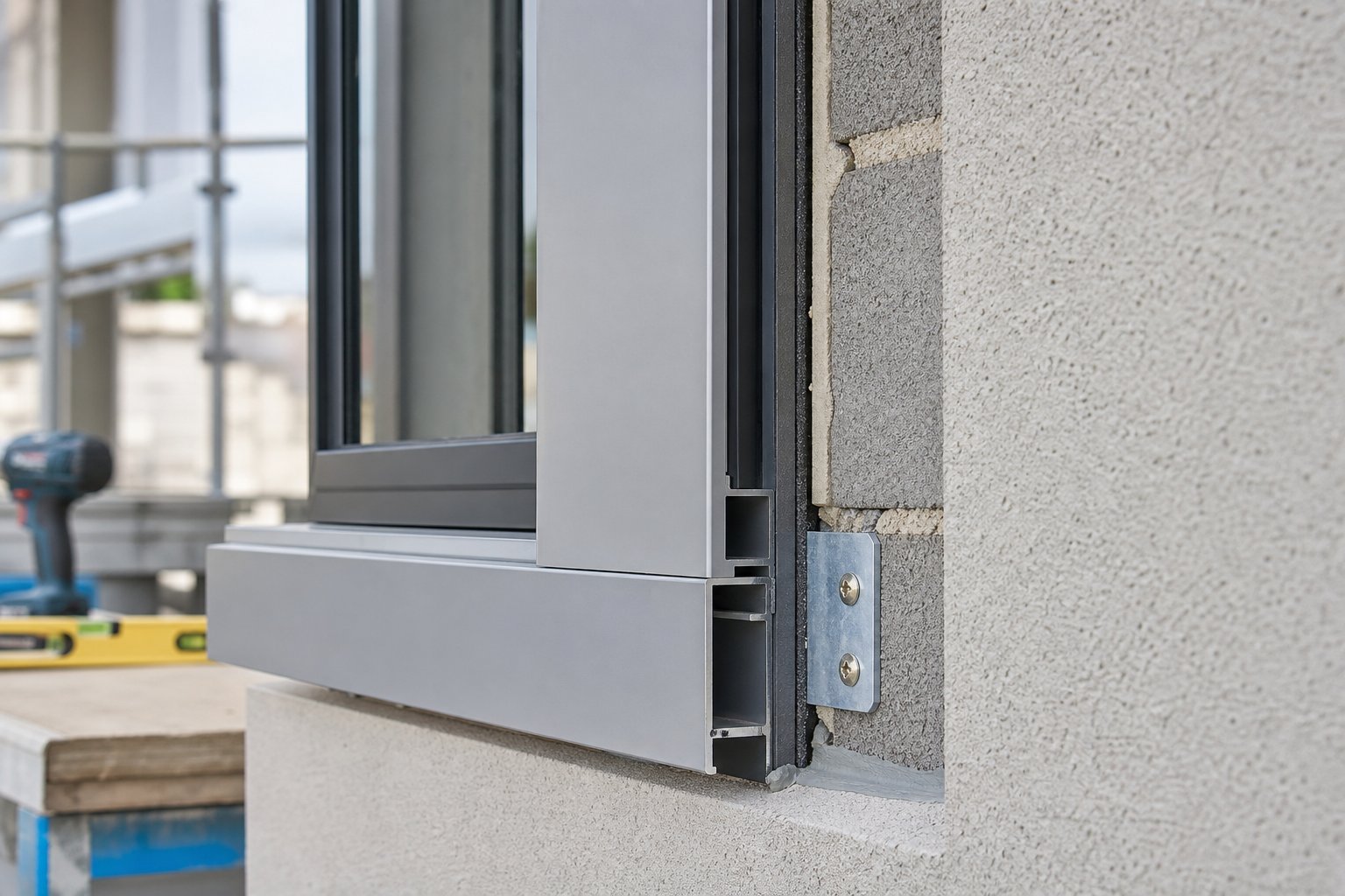 aluminium surround installation detail showing thermal break placement and mechanical fixing to masonry substrate