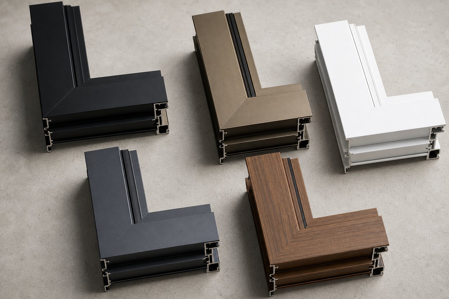 aluminium window finish samples showing powder coat anodised and woodgrain sublimation options