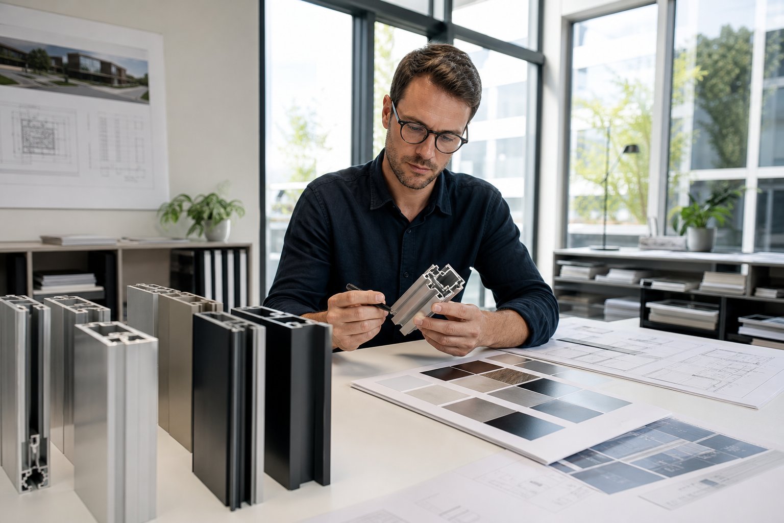 aluminium window frame profiles and finish samples used by architects when specifying commercial fixed window systems