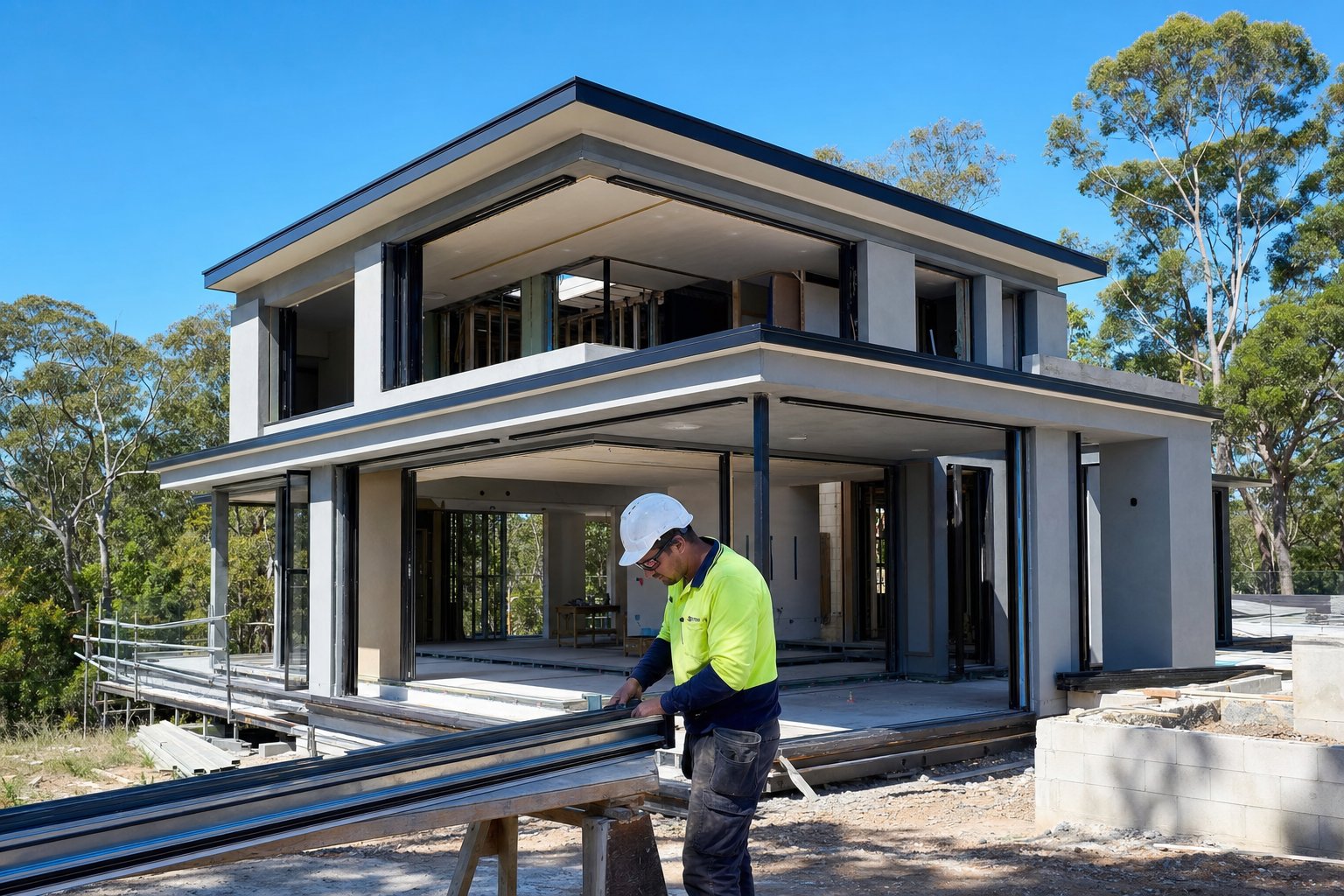 aluminium window frames during installation on a new australian home build awaiting glazing bead fitting