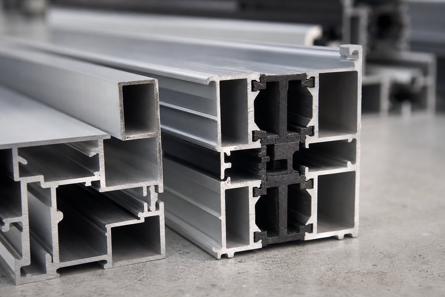 aluminium window profiles showing thermal break and standard cross sections for frame fabrication