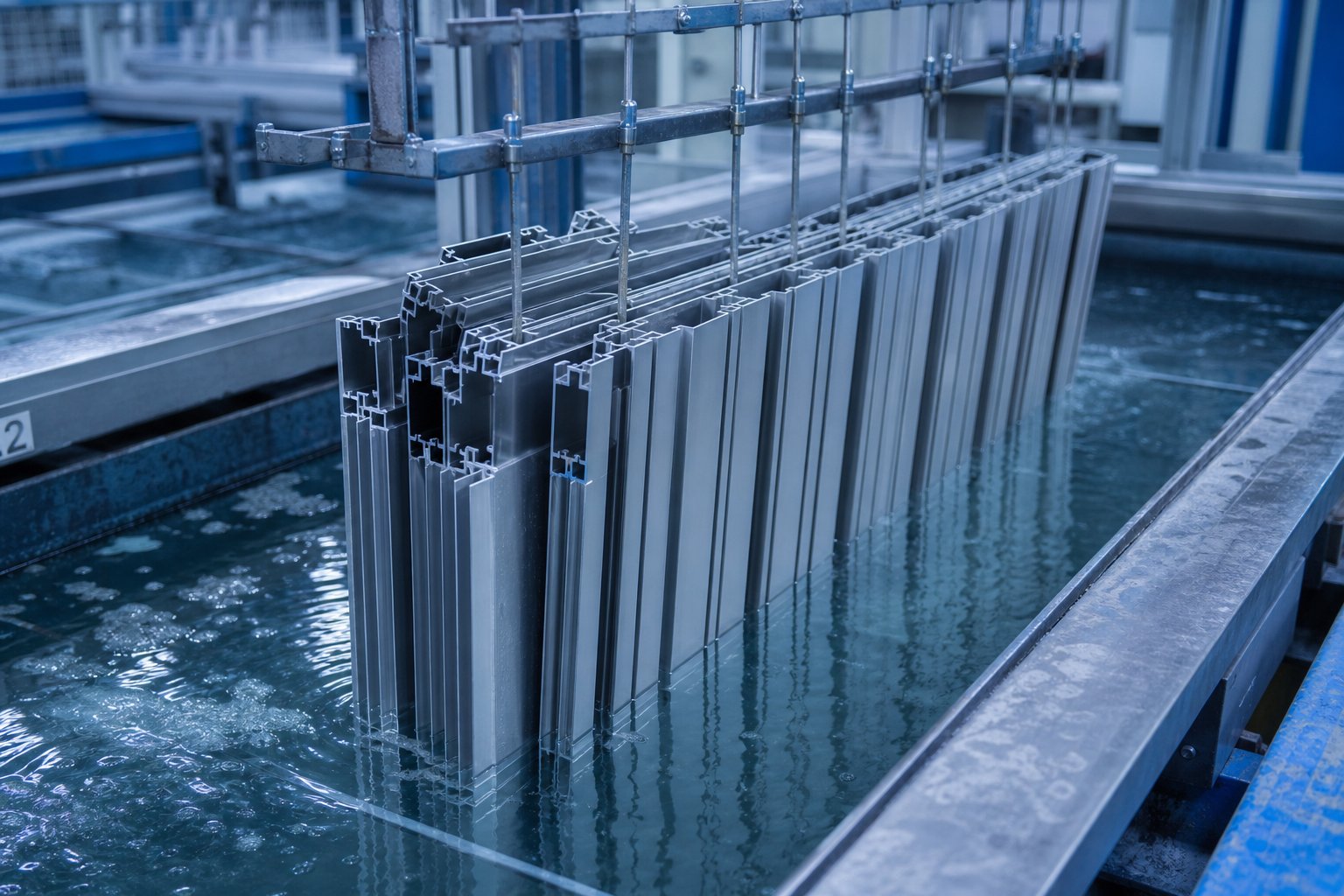 aluminium window profiles suspended in an anodising bath where electrochemical conversion transforms the metal surface into a durable oxide layer