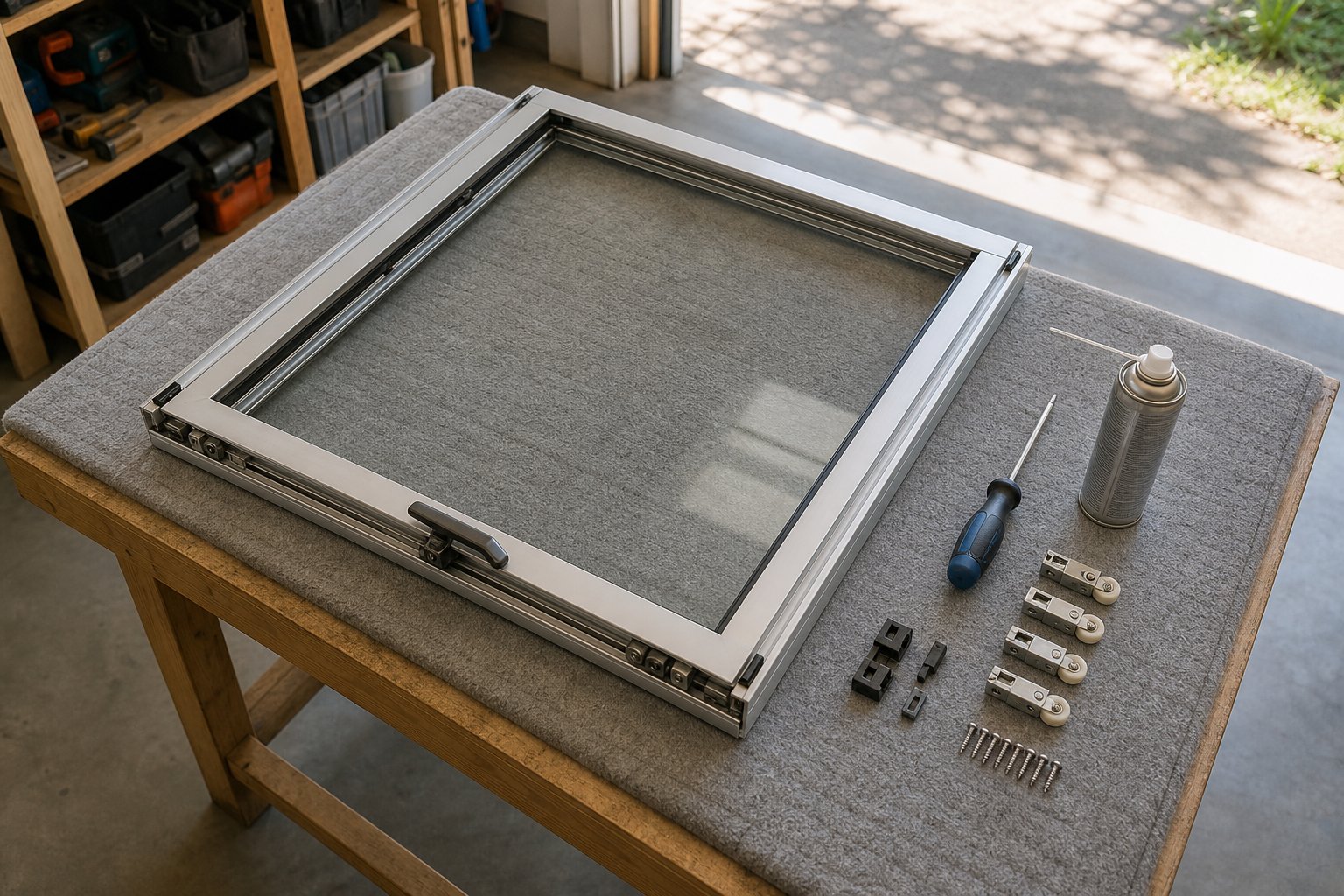 aluminium window sash prepared for hardware renovation with replacement parts and hand tools