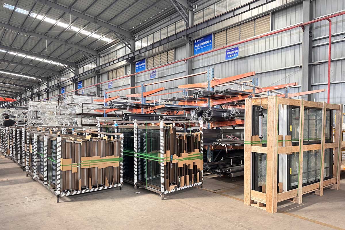 aluminium window wholesale warehouse with finished frames prepared for trade dispatch to builders and contractors