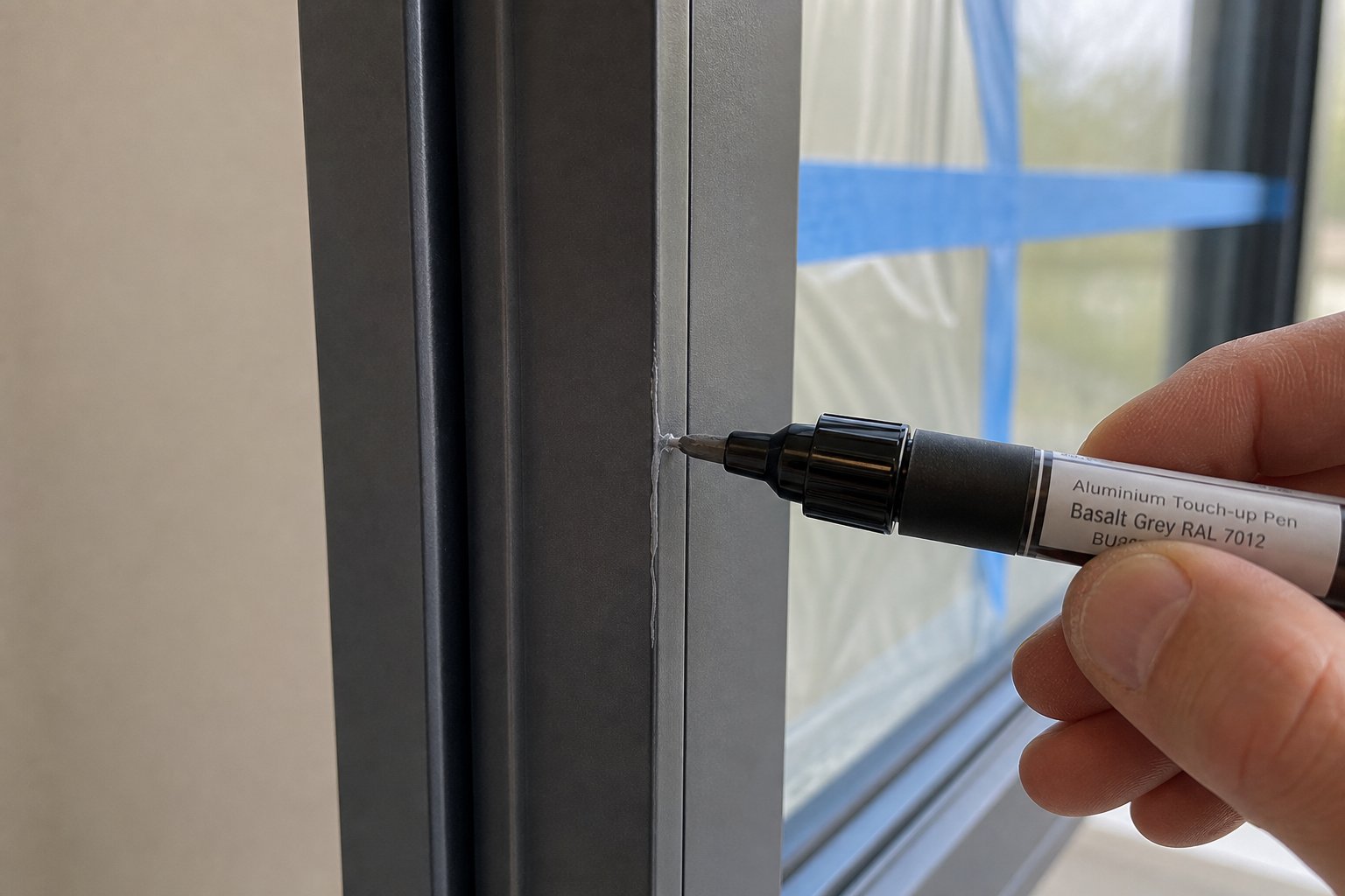 applying colour matched touch up paint to deep scratches on powder coated aluminium window frames