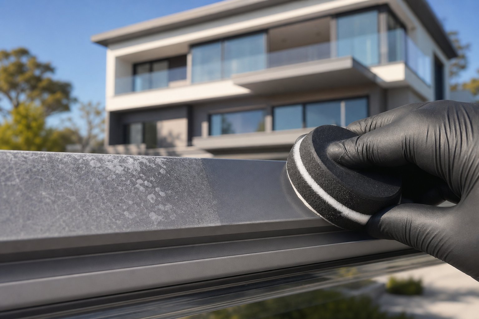 applying commercial aluminium cleaner with a foam applicator to restore oxidised window frame surfaces