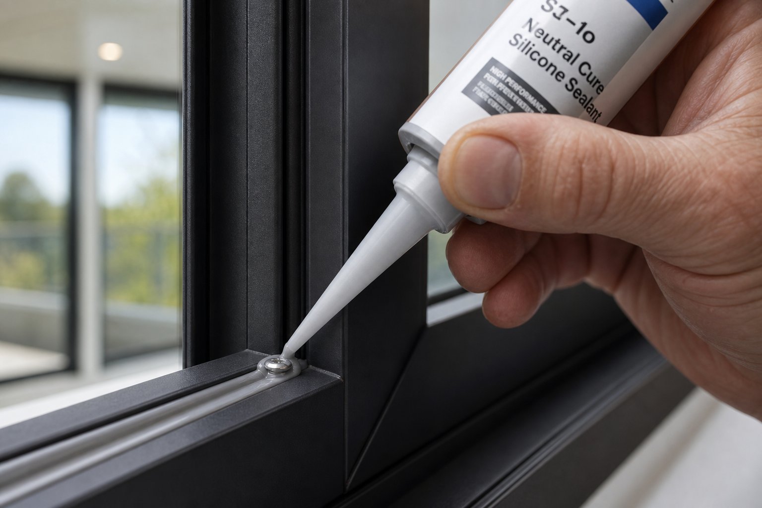 applying neutral cure silicone around a stainless steel fastener to seal the penetration and prevent moisture ingress into the aluminium frame