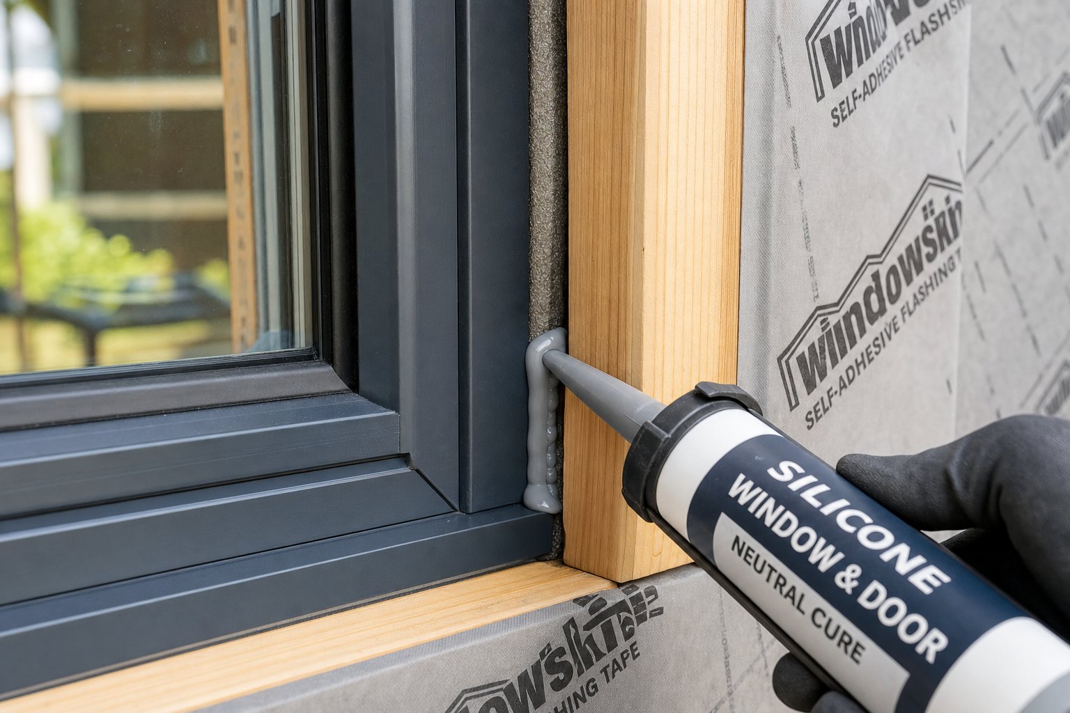 applying neutral cure silicone sealant over backer rod at the aluminium to timber junction for weatherproofing