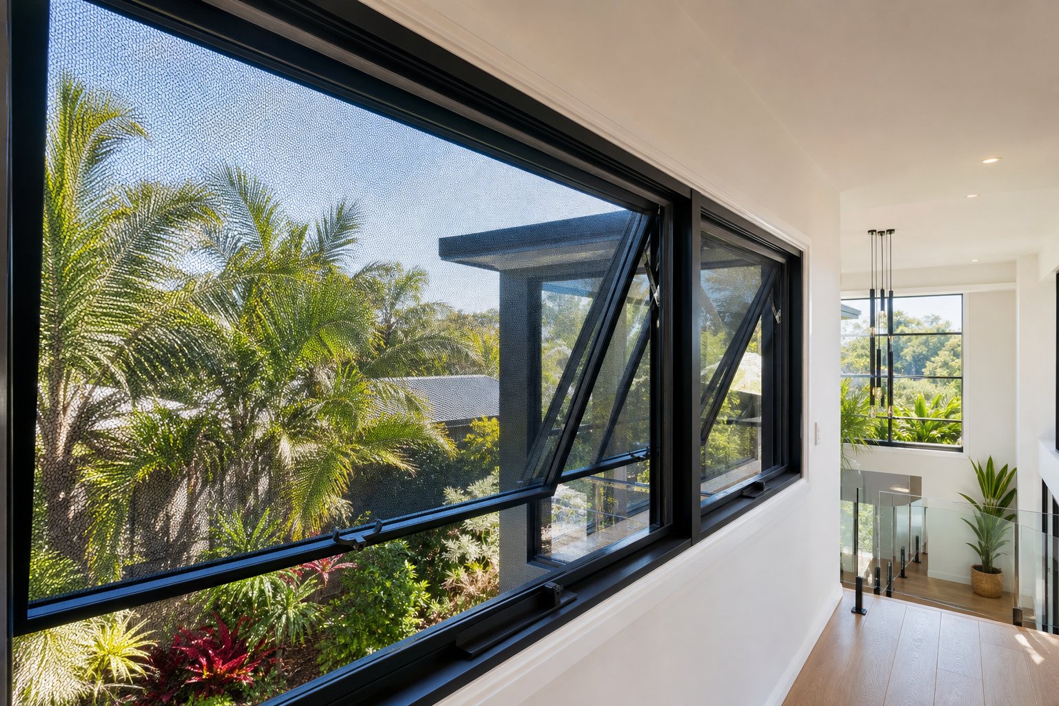 awning style aluminium security windows with integrated mesh screens providing ventilation without compromising protection