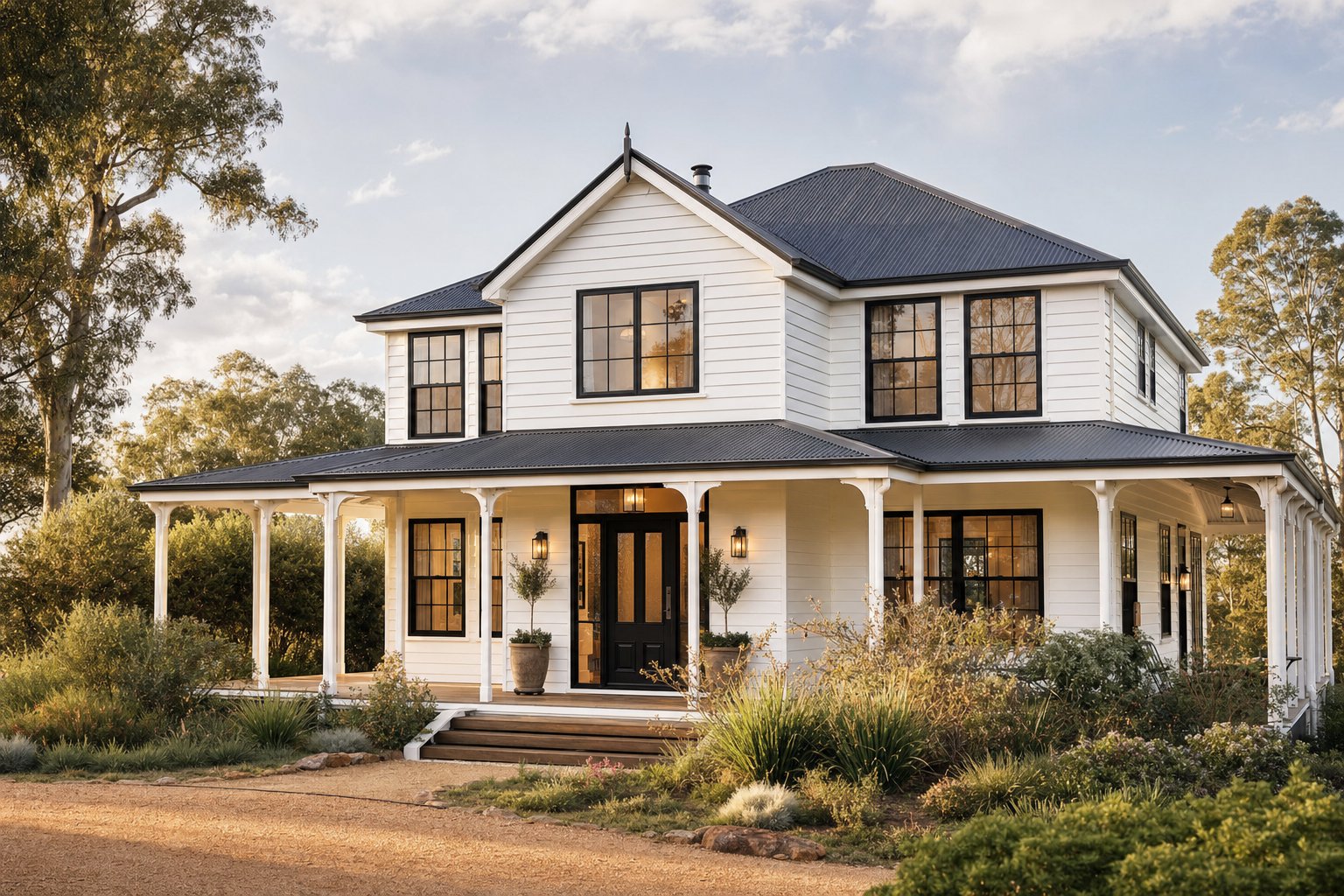 black aluminium casement windows with divided lites complementing a traditional australian farmhouse facade