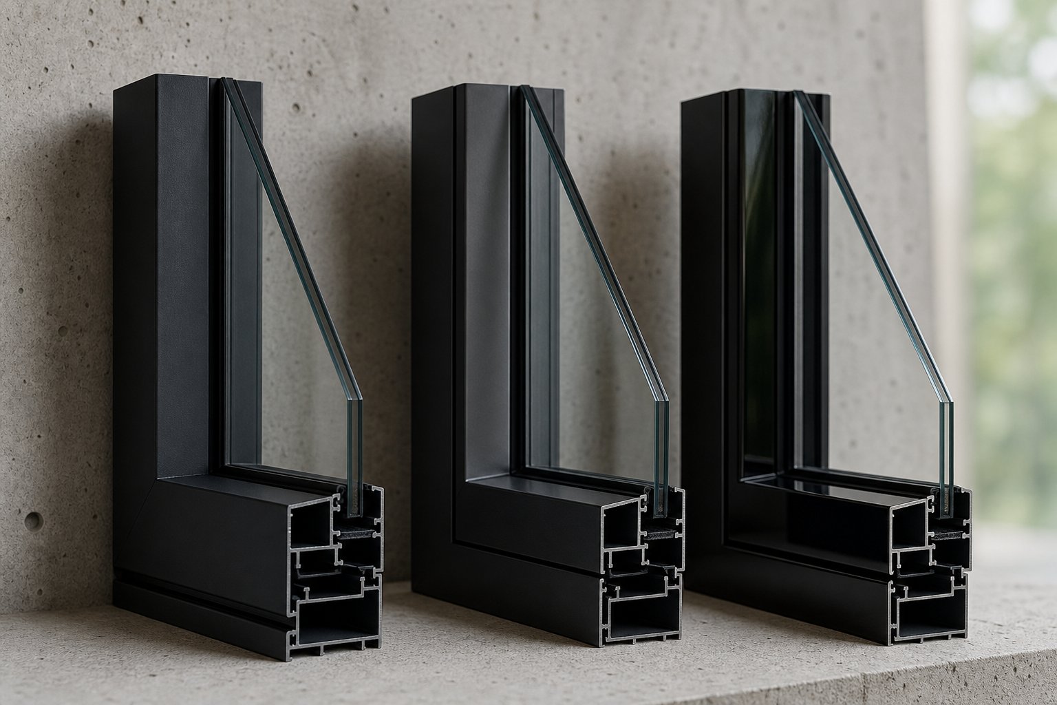 black aluminium finish variations showing the visual difference between matte satin and gloss powder coating options