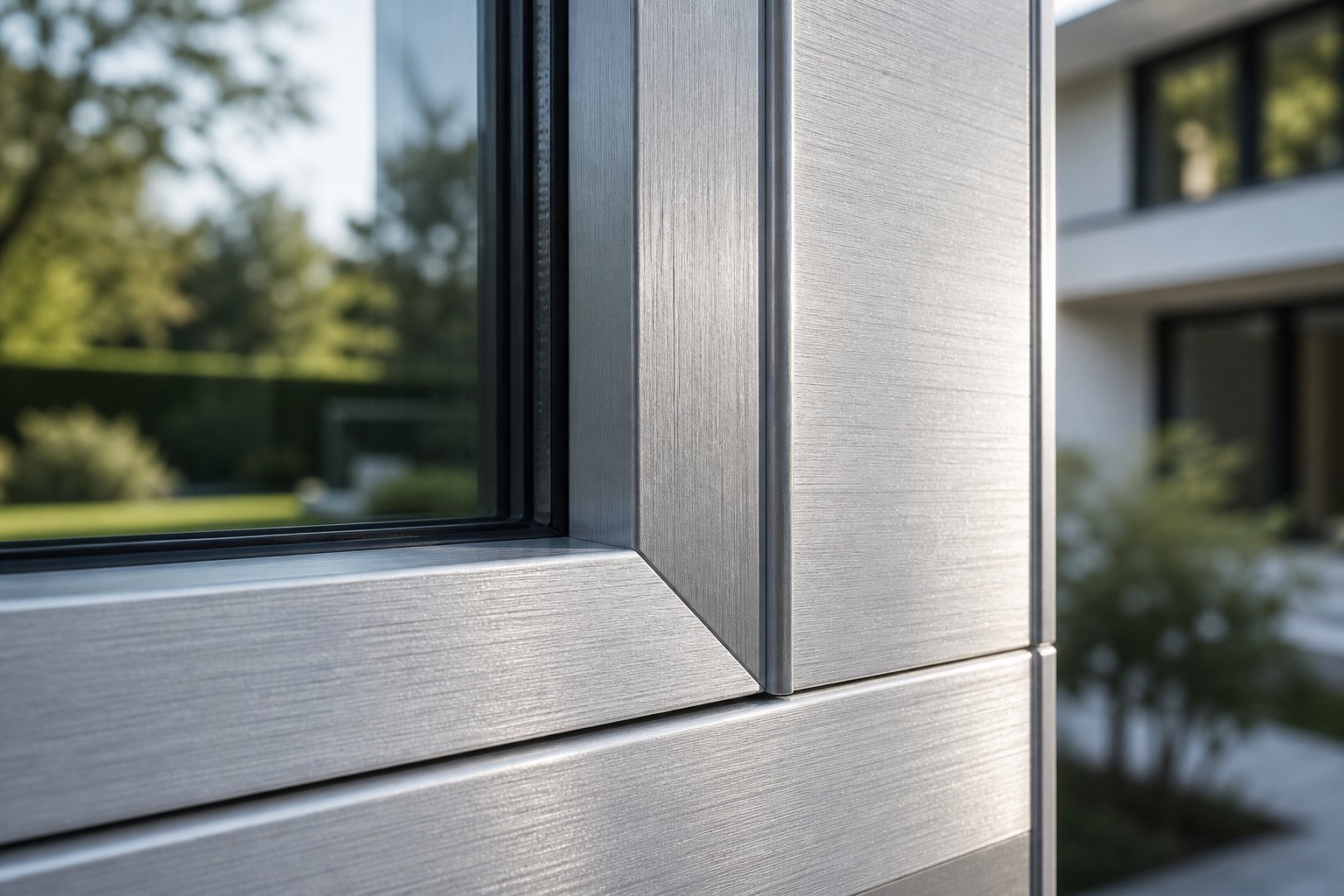 brushed aluminium window frame detail showing uniform directional grain that conceals minor surface wear