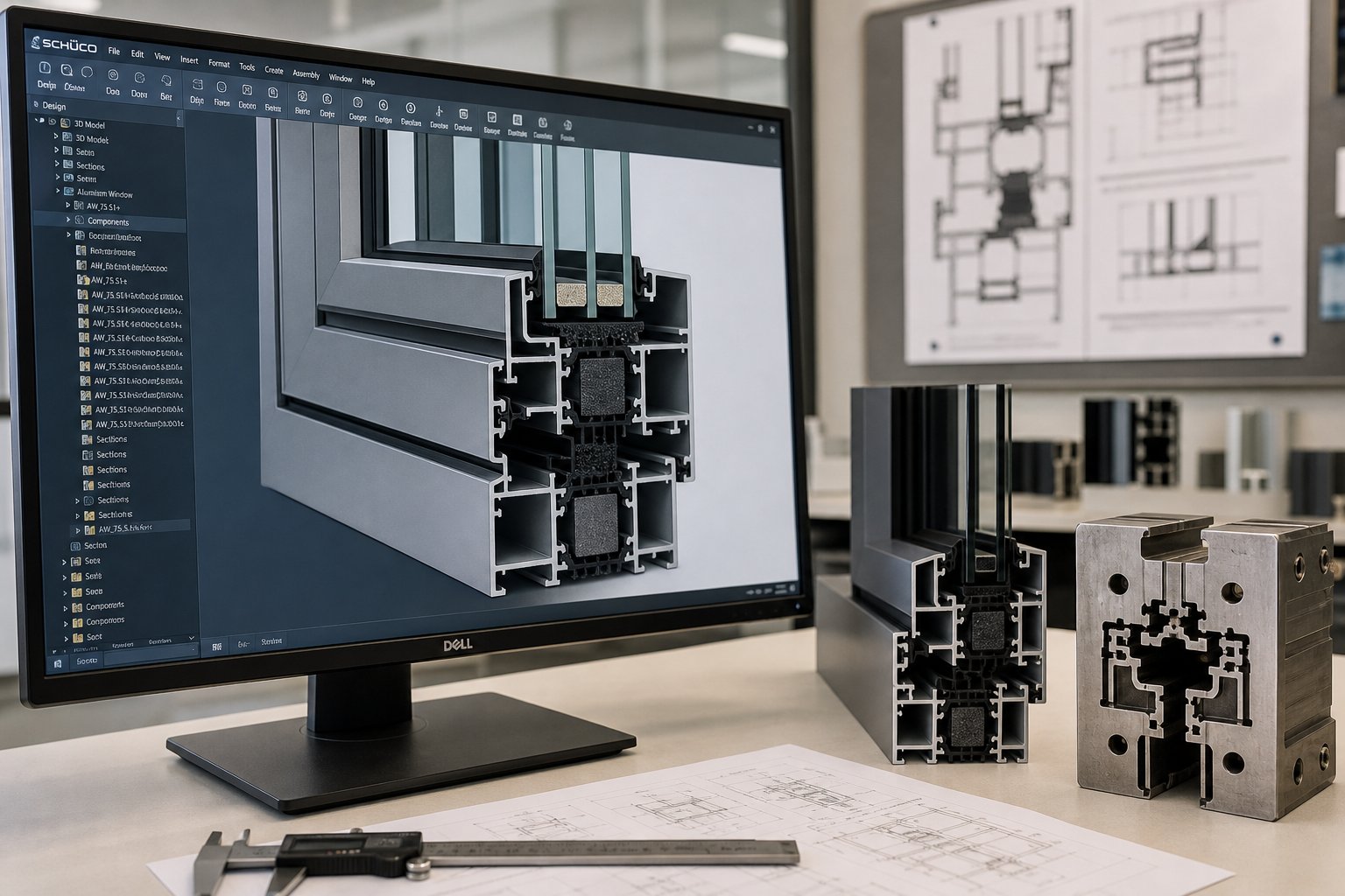 cad modelling of a custom aluminium window profile cross section alongside physical samples and precision extrusion tooling
