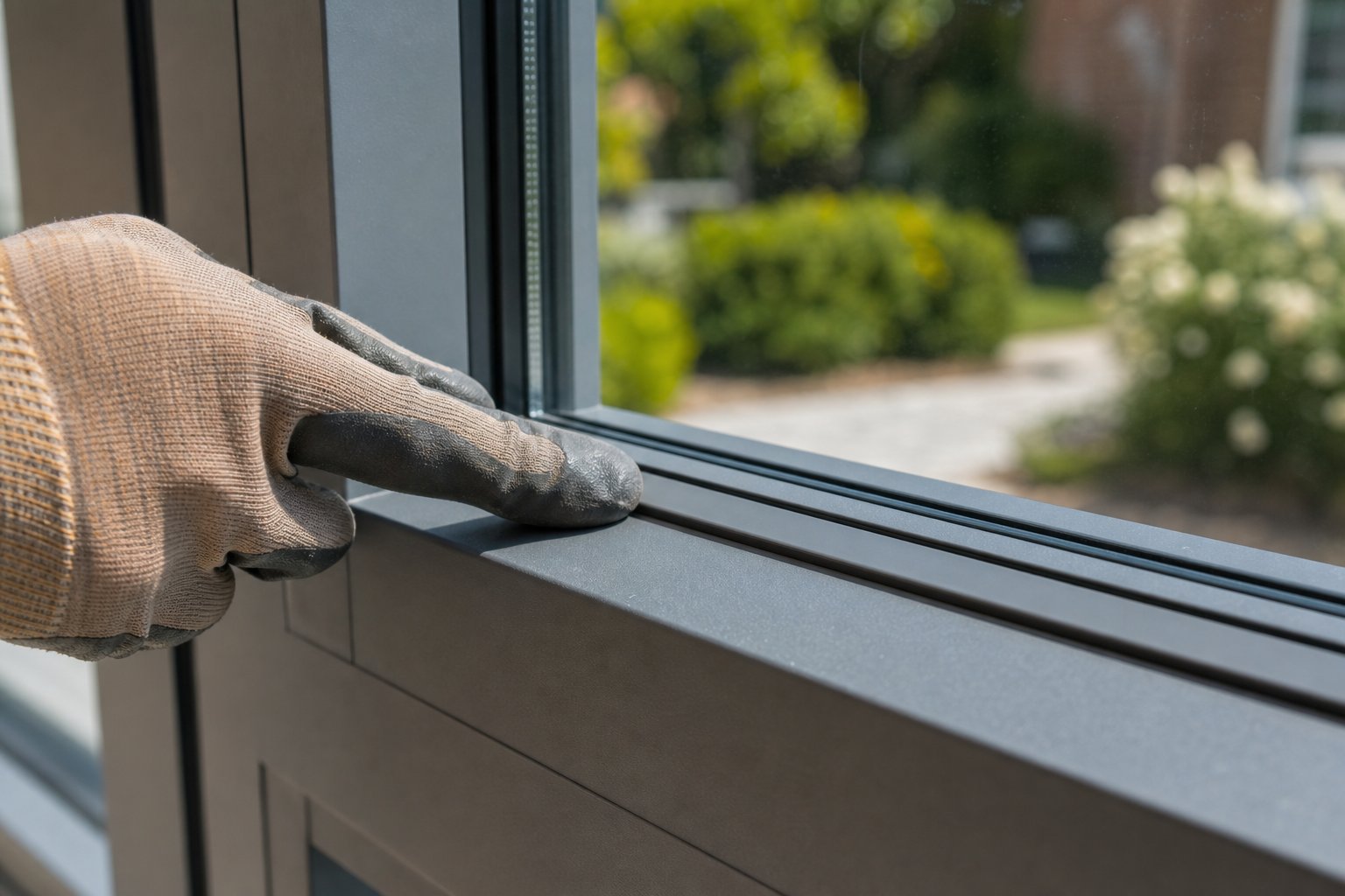 checking aluminium glazing bead seating during a routine window inspection