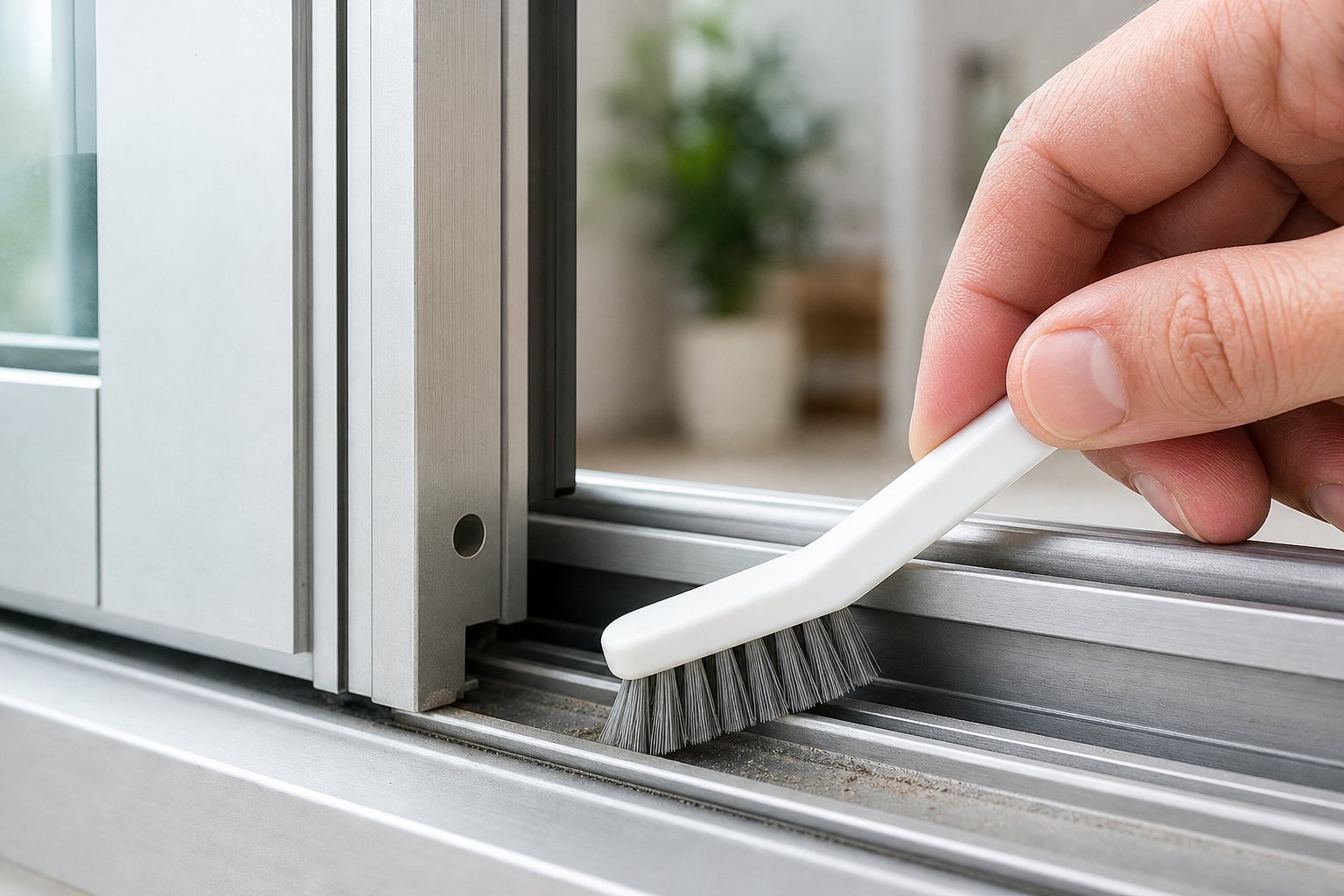 cleaning aluminium window tracks with a nylon brush to remove compacted debris and maintain smooth operation