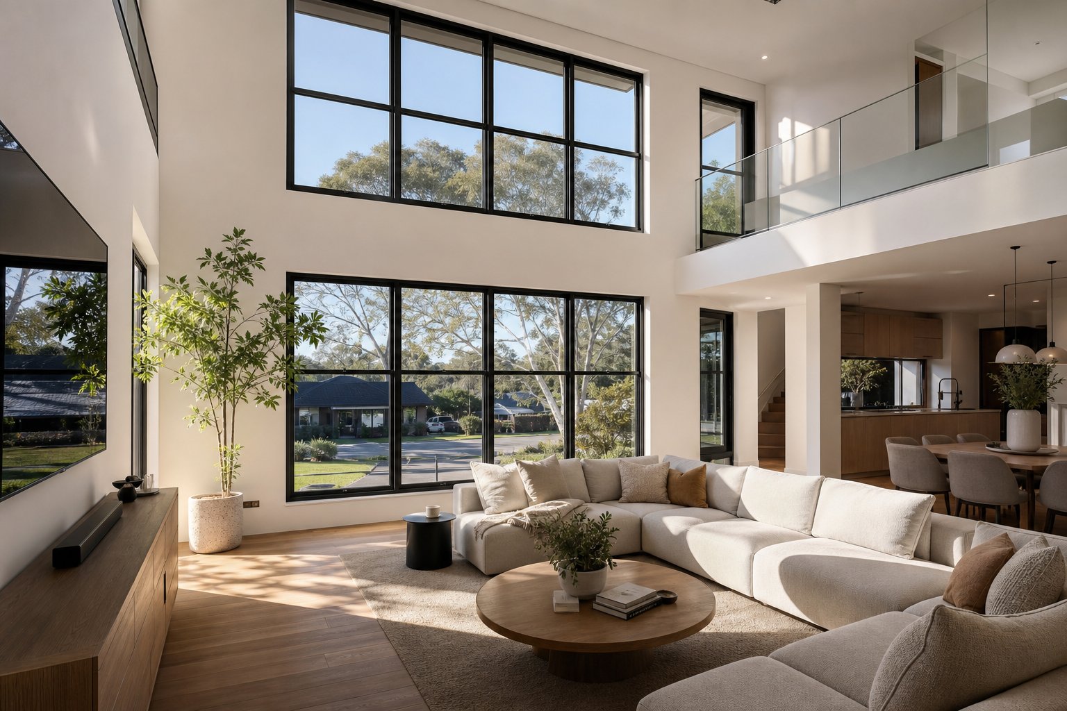 clear condensation free double glazed aluminium sash windows allowing natural light into a modern australian living space