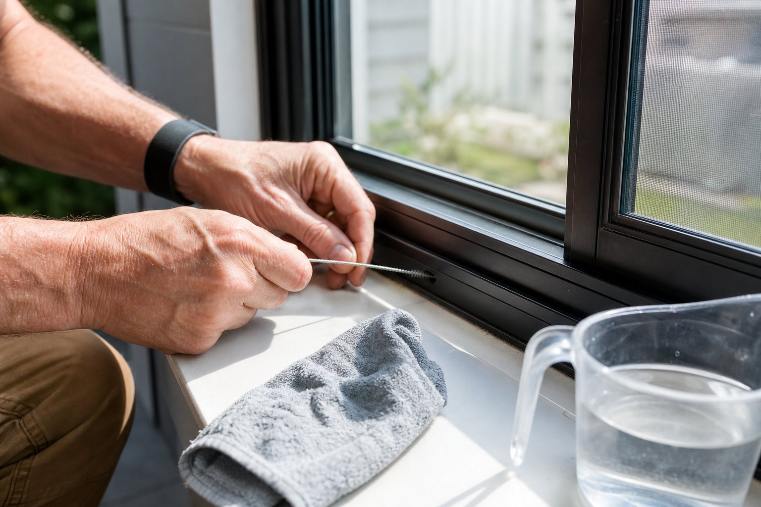 clearing a blocked aluminium window weep hole with a pipe cleaner %E2%80%94 a simple maintenance task that prevents costly water damage