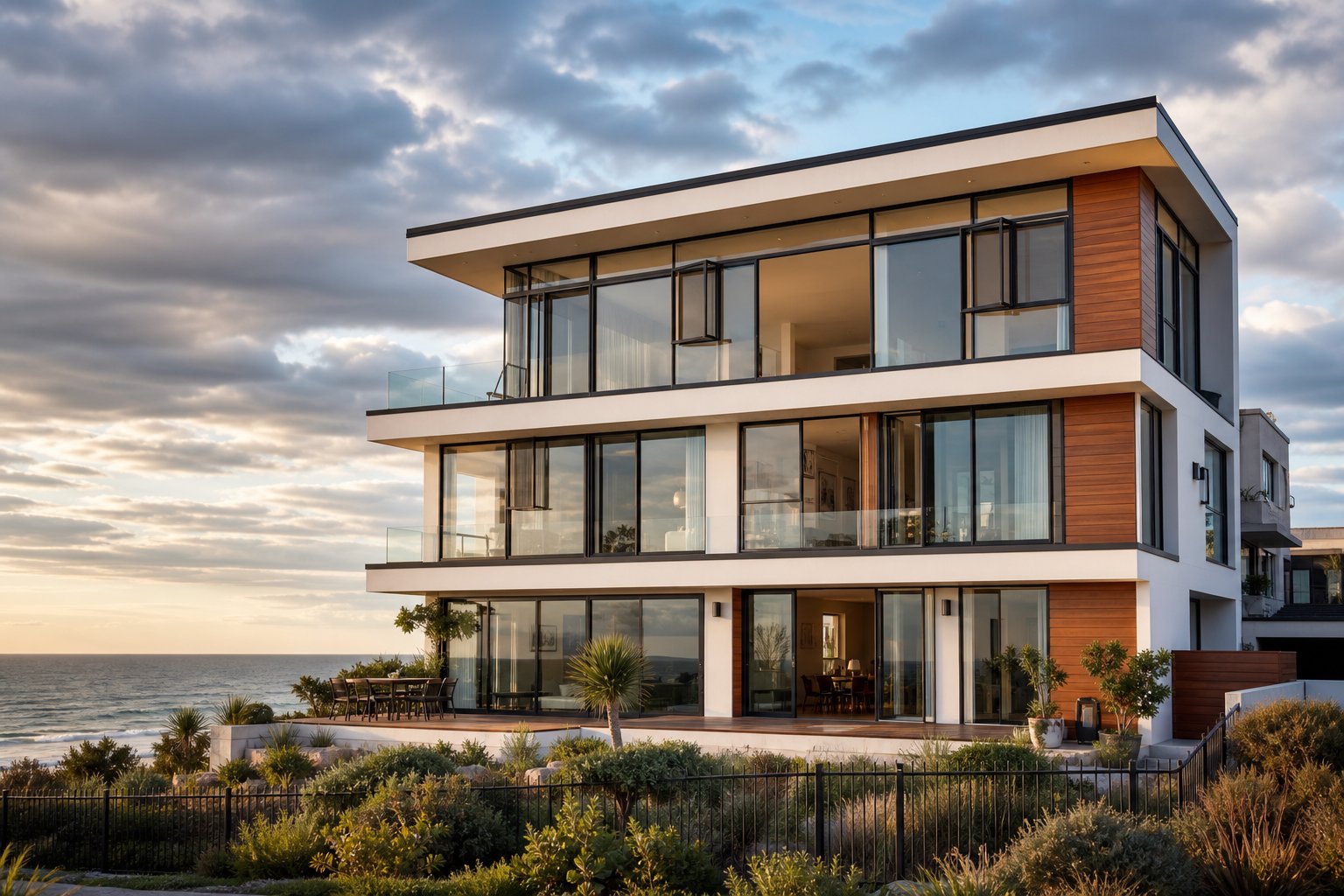 coastal australian home with aluminium casement windows rated for high wind and salt spray exposure