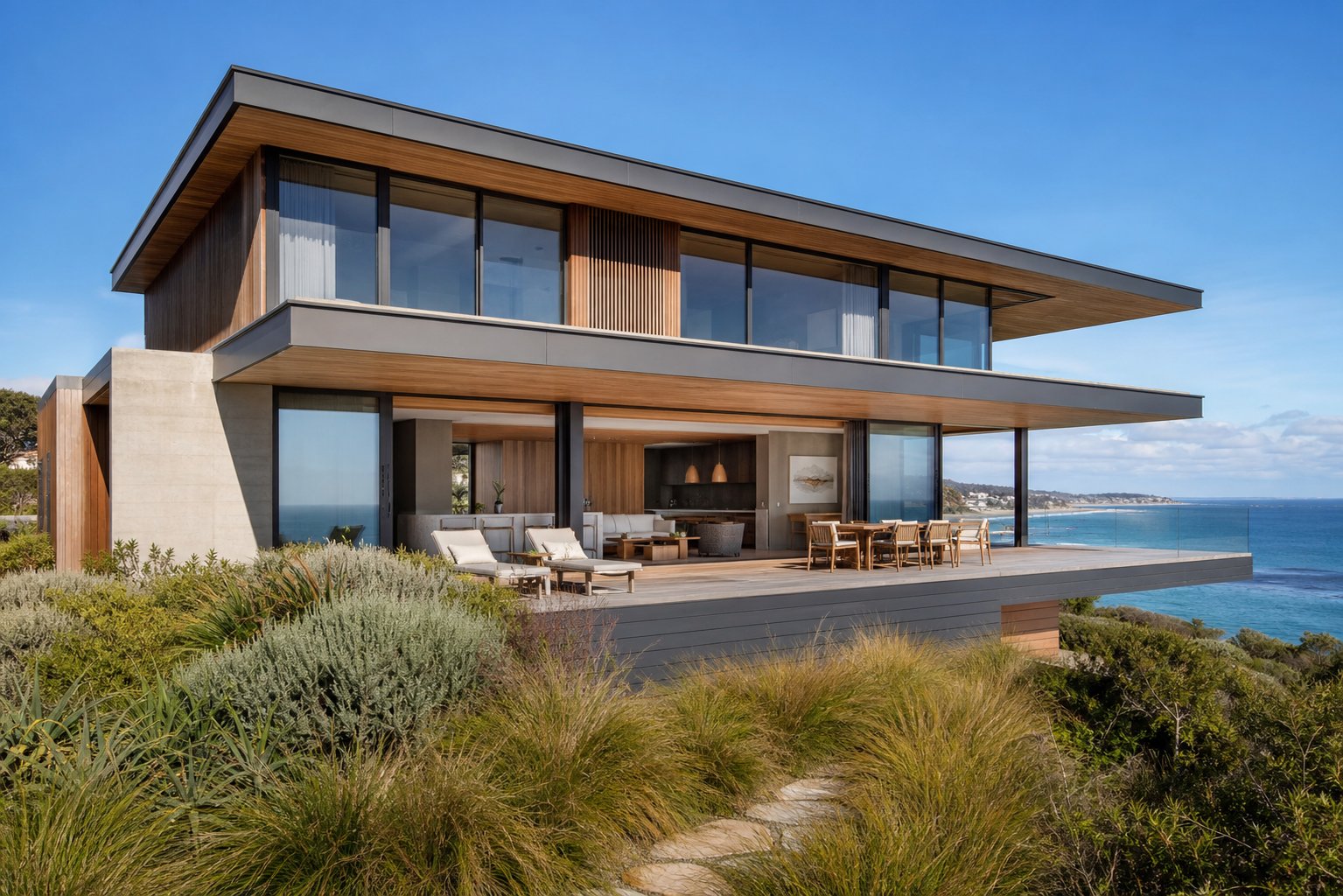 coastal australian home with aluminium clad timber composite windows specified for marine grade salt spray resistance