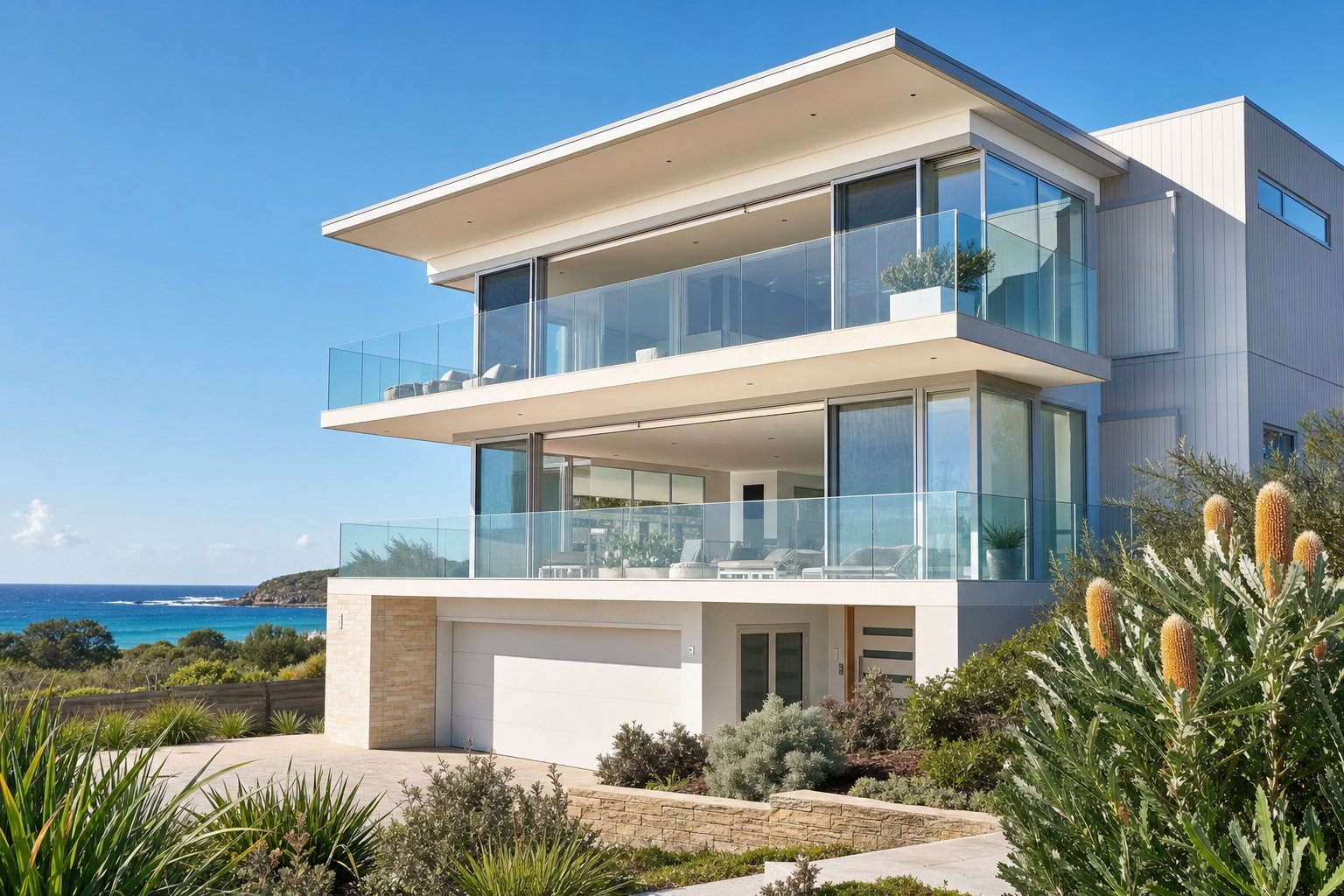 coastal australian home with corrosion resistant aluminium sliding windows across balcony levels