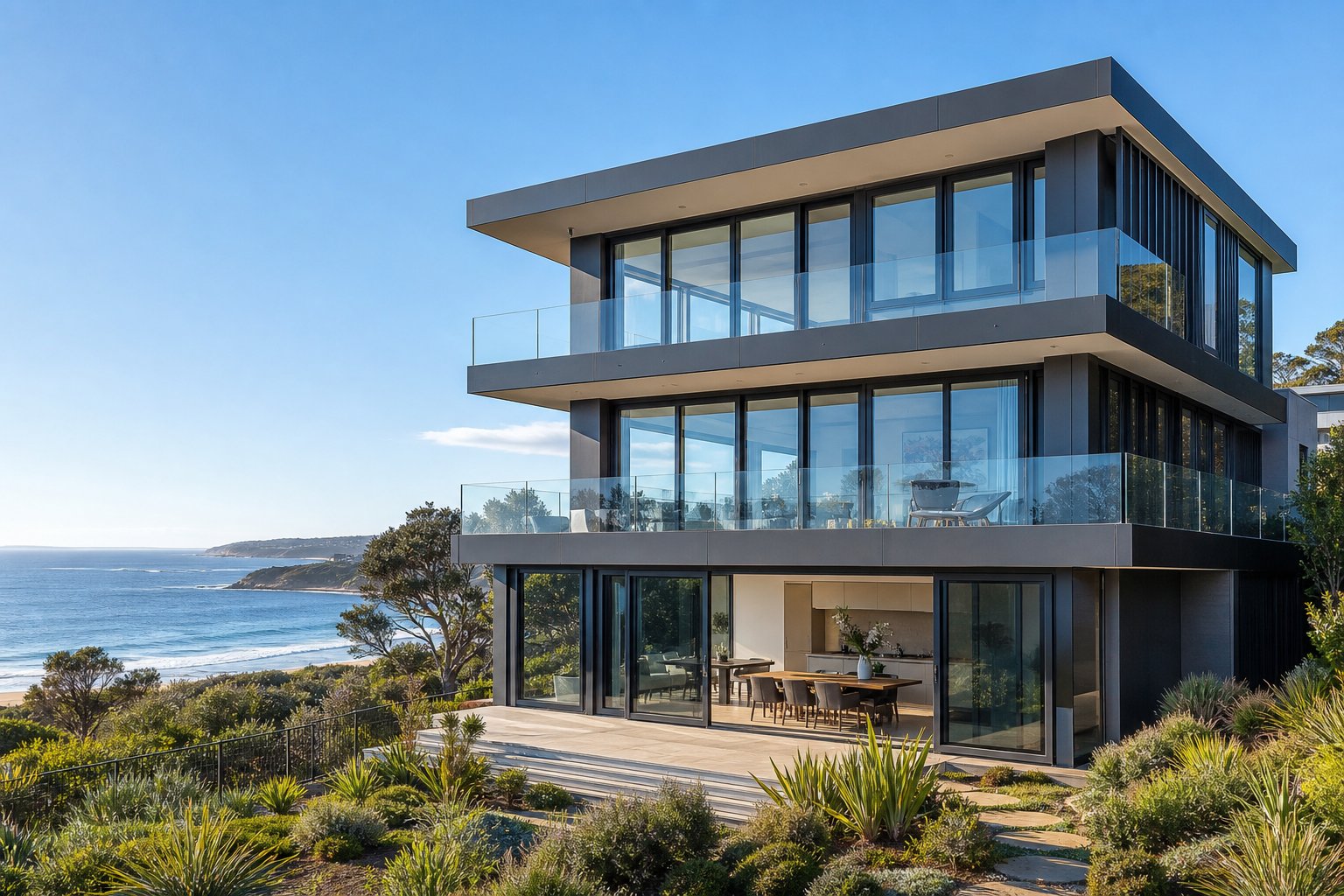 coastal australian home with corrosion resistant aluminium windows and doors designed for salt air environments