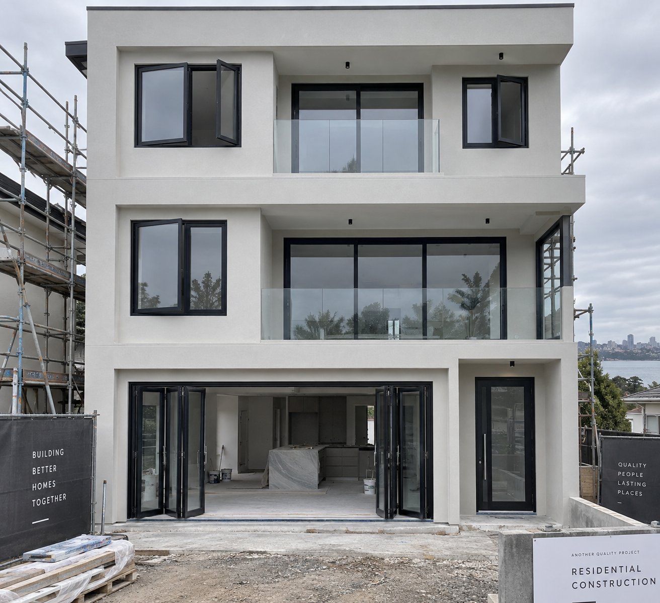 cohesive black aluminium window and door installation across a multi storey project showing consistent finish and profile matching