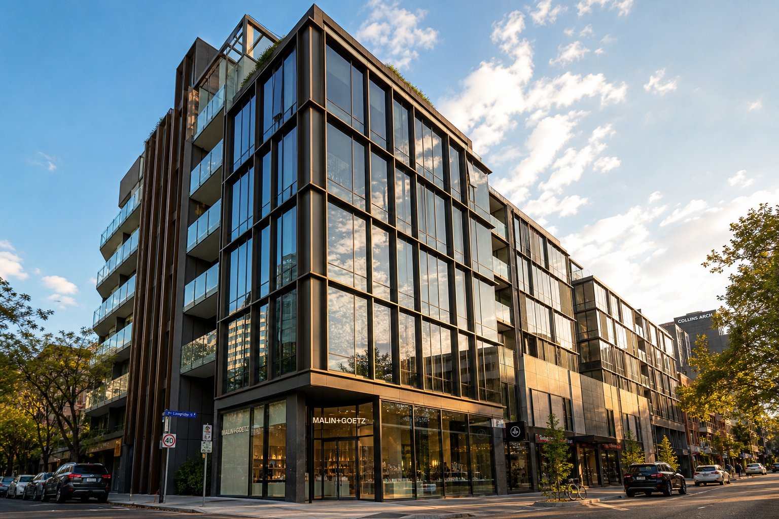commercial aluminium curtain wall glazing system spanning multiple storeys on a modern mixed use building
