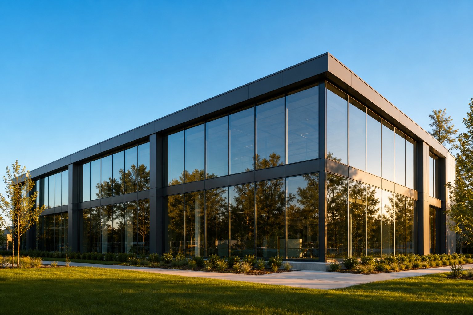 commercial aluminium fixed window facade demonstrating the slim profiles and expansive glazing that make aluminium the industry standard frame material
