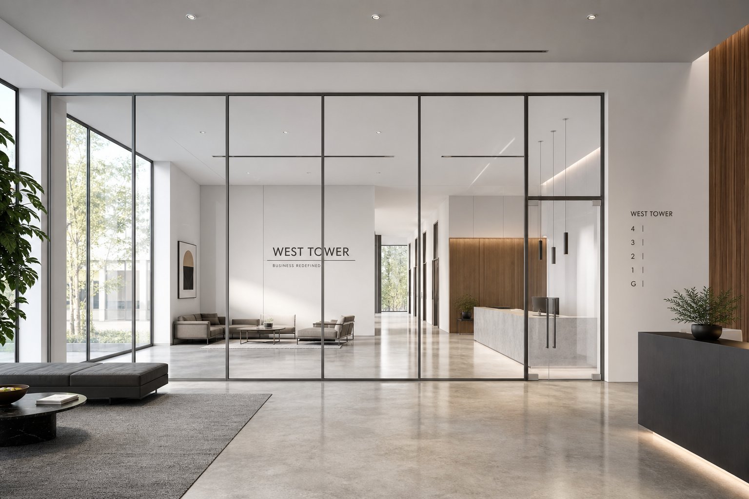commercial interior with narrow sightline fire rated aluminium glazing maximising transparency between fire compartments