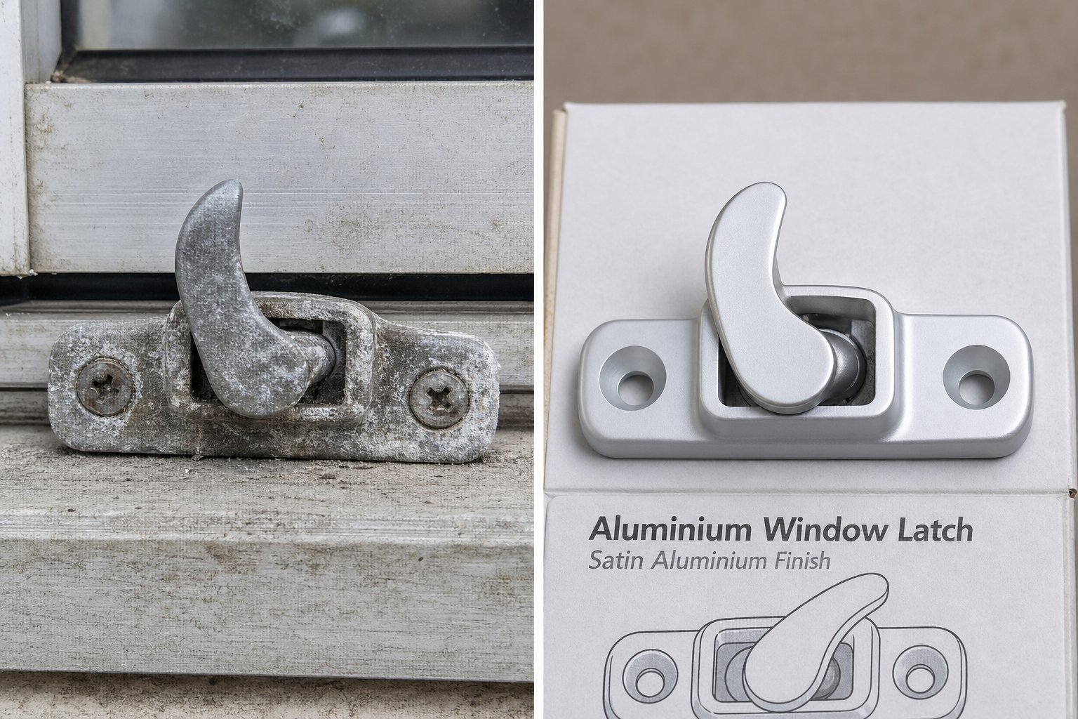 comparing a corroded aluminium window latch showing signs of replacement need against a new matching component