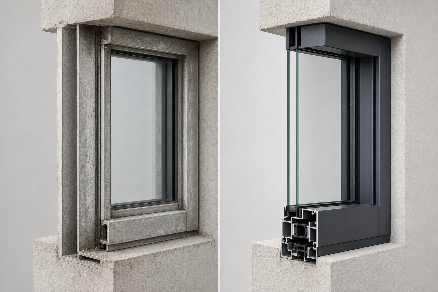 comparing aged aluminium frames suited for covering versus modern replacement systems