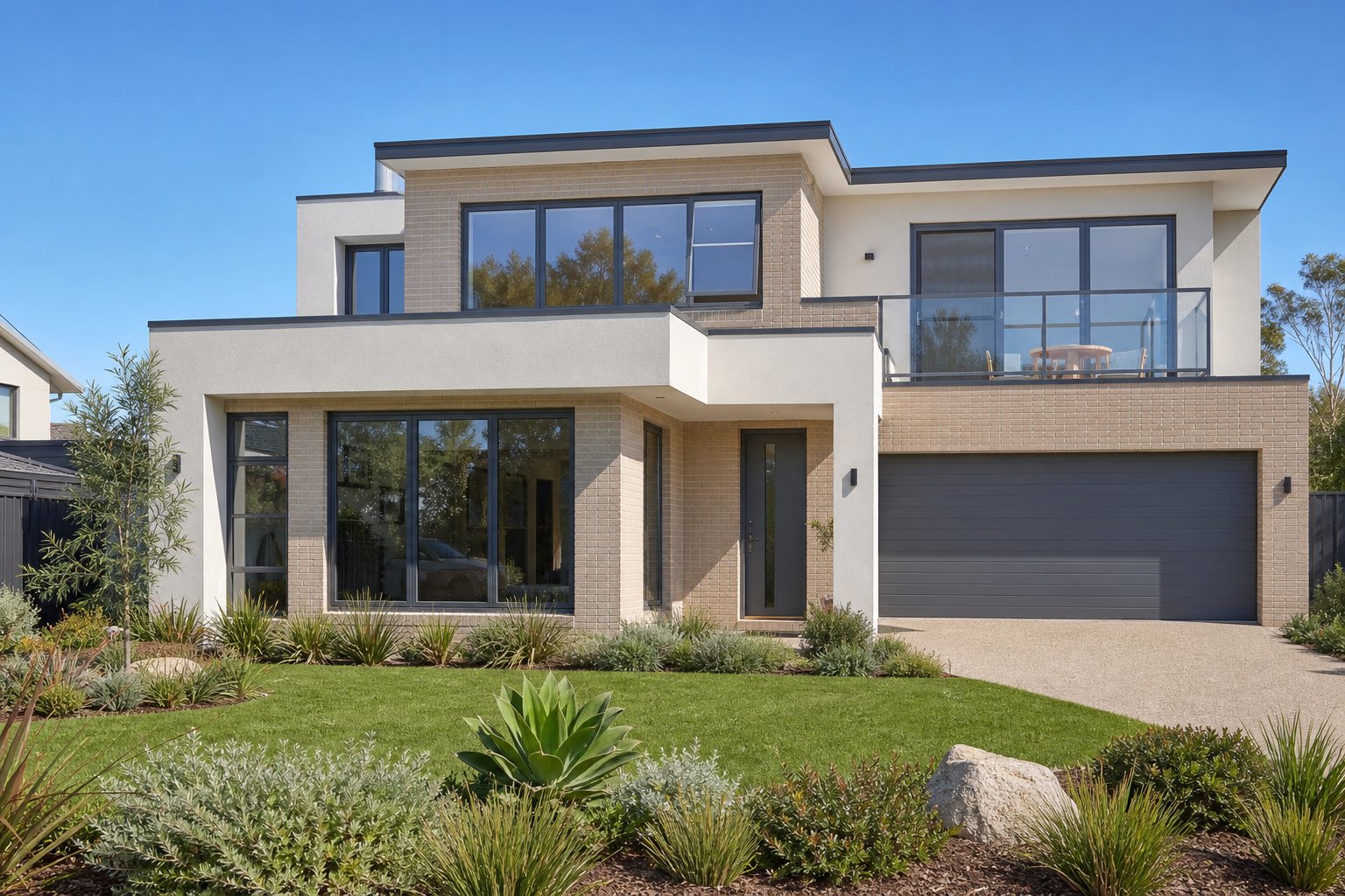 completed australian home with cohesive grey aluminium window frames across casement awning and fixed configurations