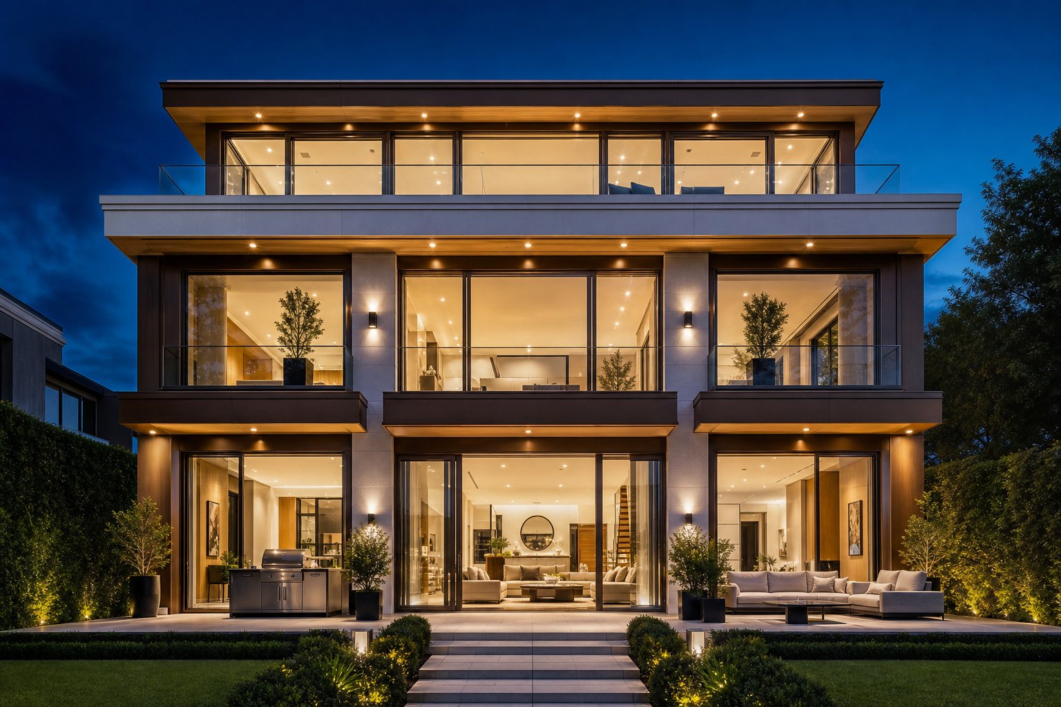 completed luxury home demonstrating cohesive aluminium window surrounds integrated across the full facade as a unified system