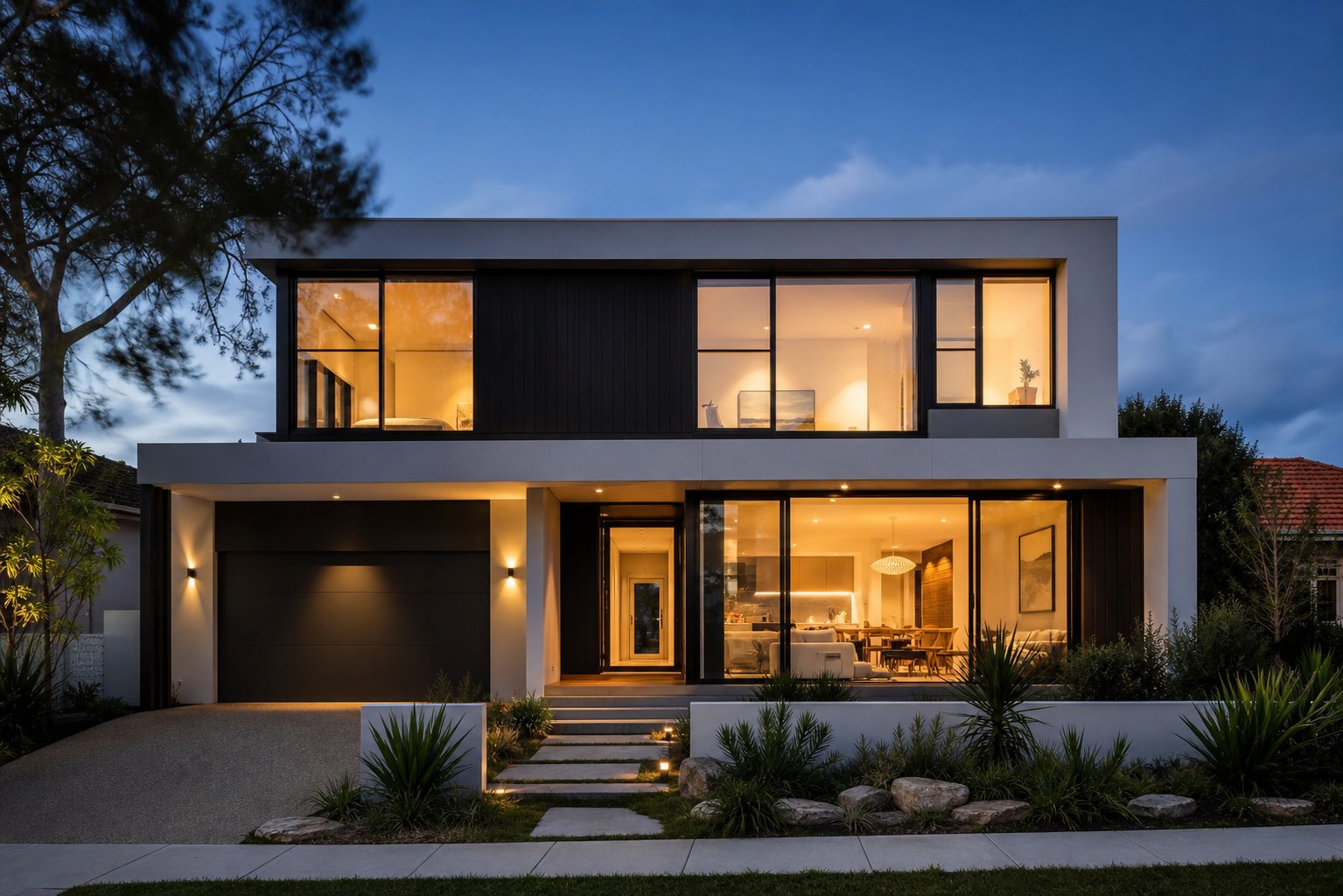 contemporary australian home combining fixed glazing with aluminium double hung windows for flexible ventilation