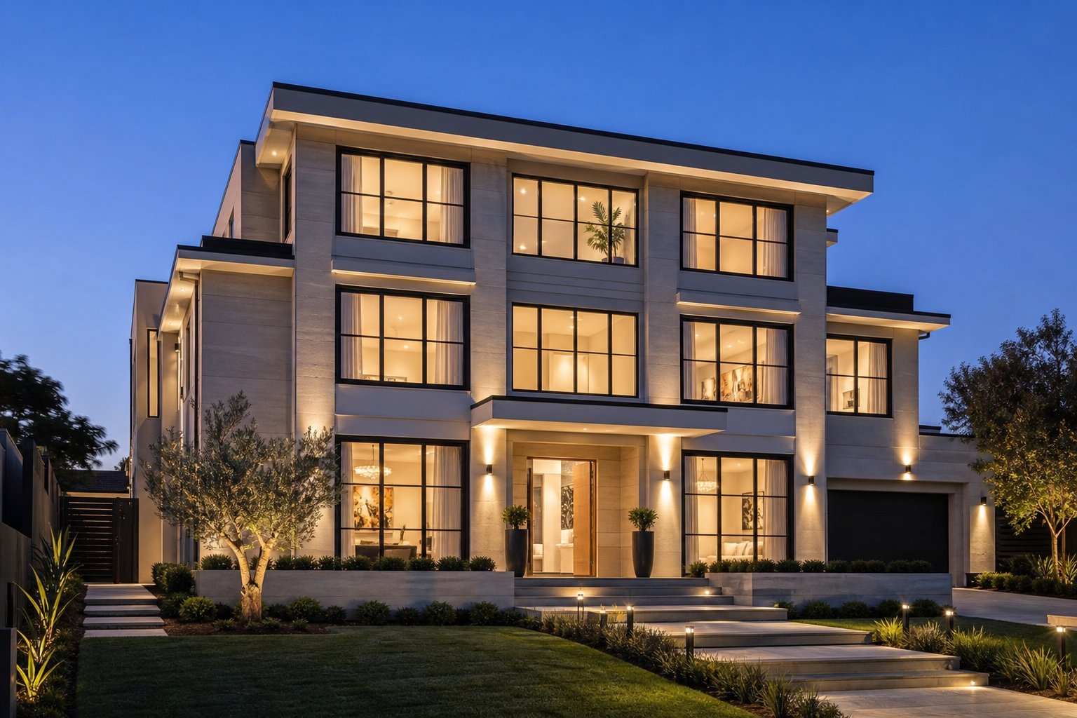 contemporary australian residence at dusk showcasing aluminium double hung windows with warm interior glow through expansive glazing